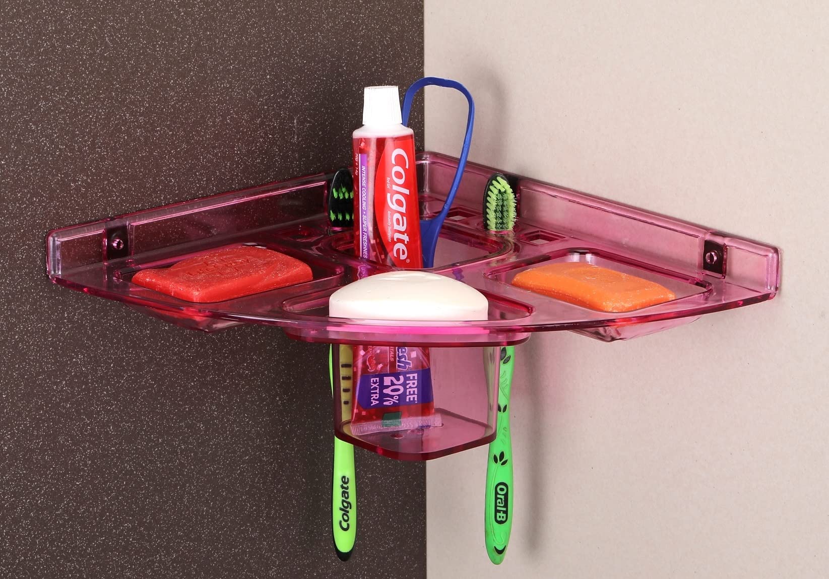 iSTAR Acrylic 5 in 1 Corner Soap case/Transparent Heavy Plastic Unbreakable Corner, Plastic Wall Shelf (Number of Shelves - 1,10 X 10 INCH Pink)