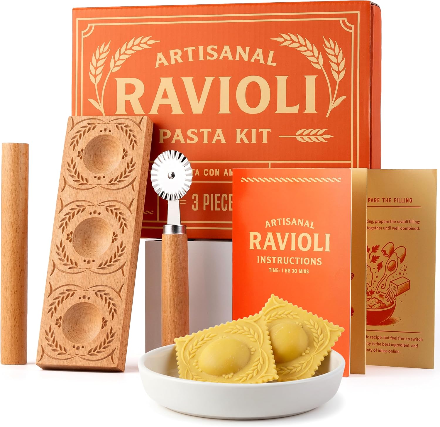 Cooking Gift Set Co. Artisanal Ravioli Maker Press, Wooden Ravioli Mold & Pasta Maker, Ravioli Press, Pasta Cutter Wheel, Ravioli Maker Tool, Guide Pasta Making Tools Set for Homemade Pasta (3 Piece)