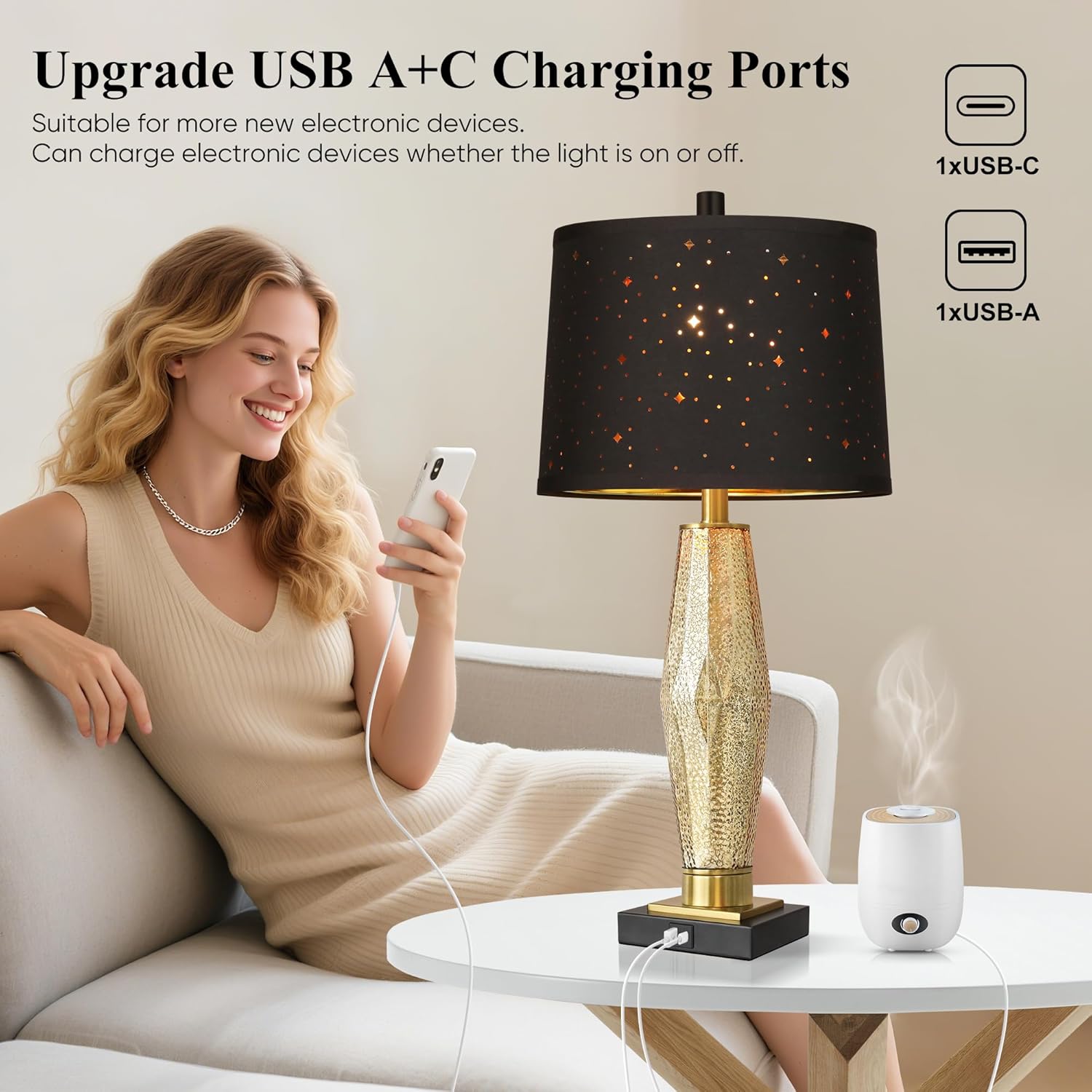 QiMH Glass Table Lamps for Bedroom Set of 2, Modern Beside Lamp with USB A+C Charging Ports, Nightstand Lamps for Living Room with Black Star Lampshade, Rotary Switches, Black Gold
