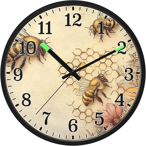 Miniatura 8 de JUNZAN Luminous Voice-Activated Round Wall Clock 12 Inch Honey Bees Wildflowers Retro Yellow Non-Ticking Silent Battery Operated Wallclocks for