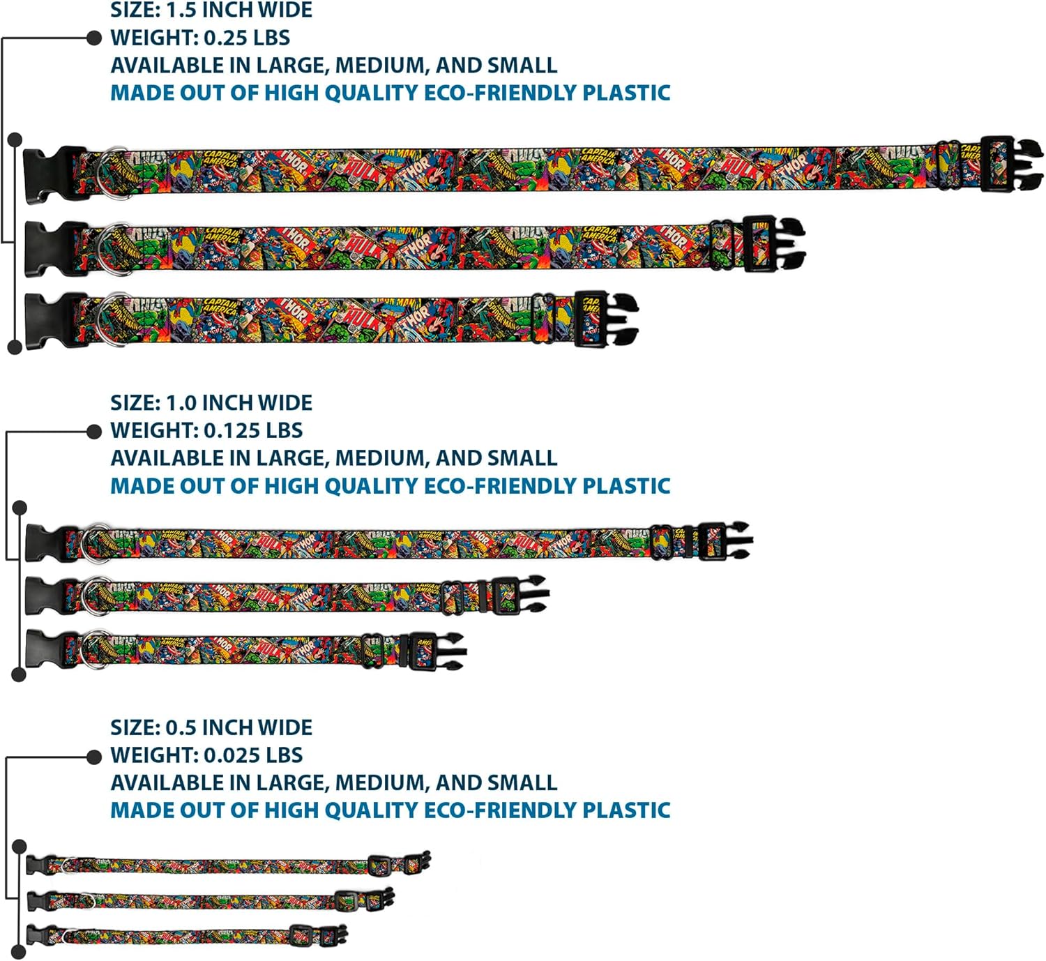 Dog Collar Plastic Clip Retro Marvel Comic Books Stacked Close Up 16 to 23 Inches 1.5 Inch Wide