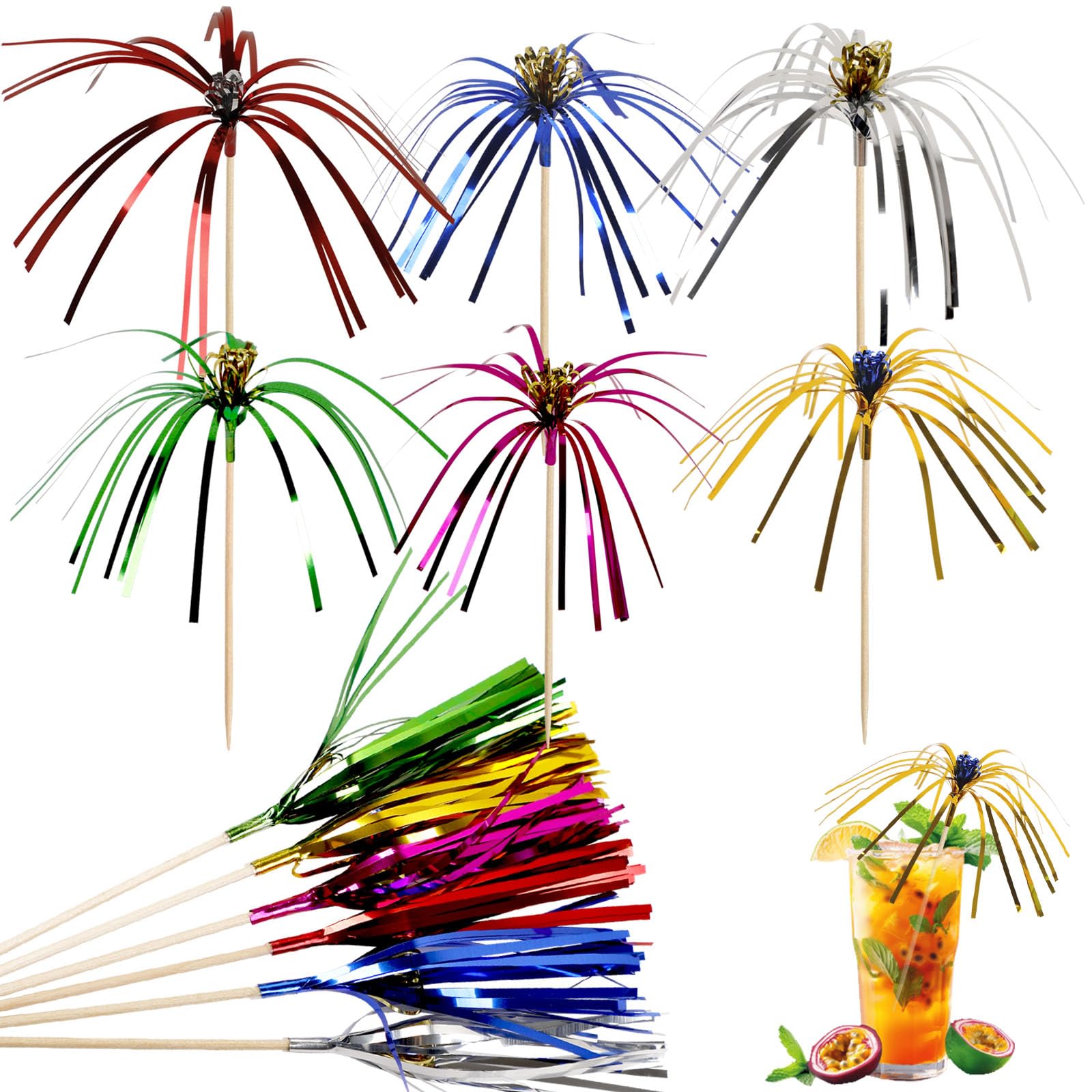 60 Stück Cocktail Deko Party Spieße Feuerwerk Bambus Picks Zahnstocher Set | Sechzig Stück Pack, Bunte Folienpalmen, 17cm Länge, Natürliches Holz, Geburtstag Hochzeit Sommerfest Obstteller Getränke