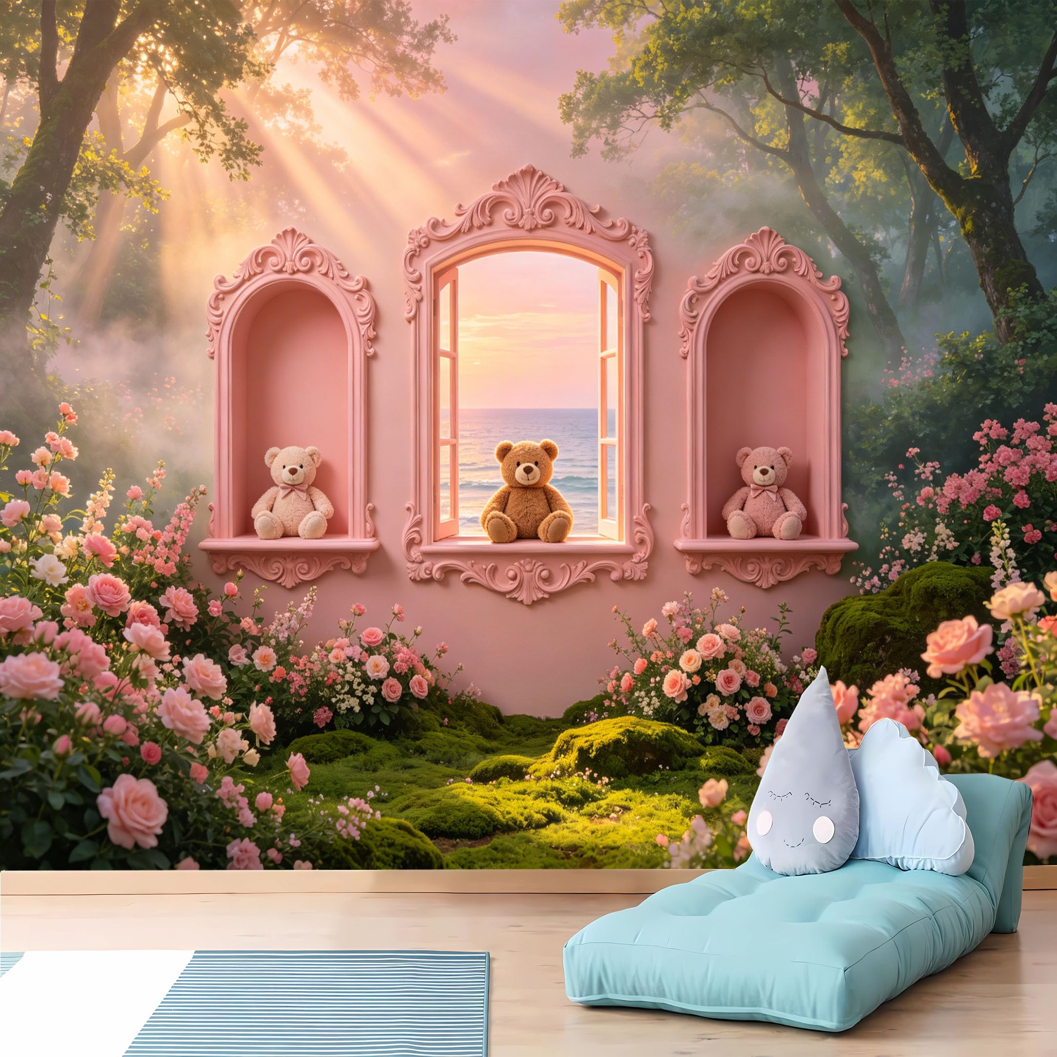 Custom Size Wall Murals 3D Pink Ornate Niche with Teddy Bears and Ocean Sunset Wall Covering Fabric Self-Adhesive Wall Fabric (NO PVC) Removable Wallpaper