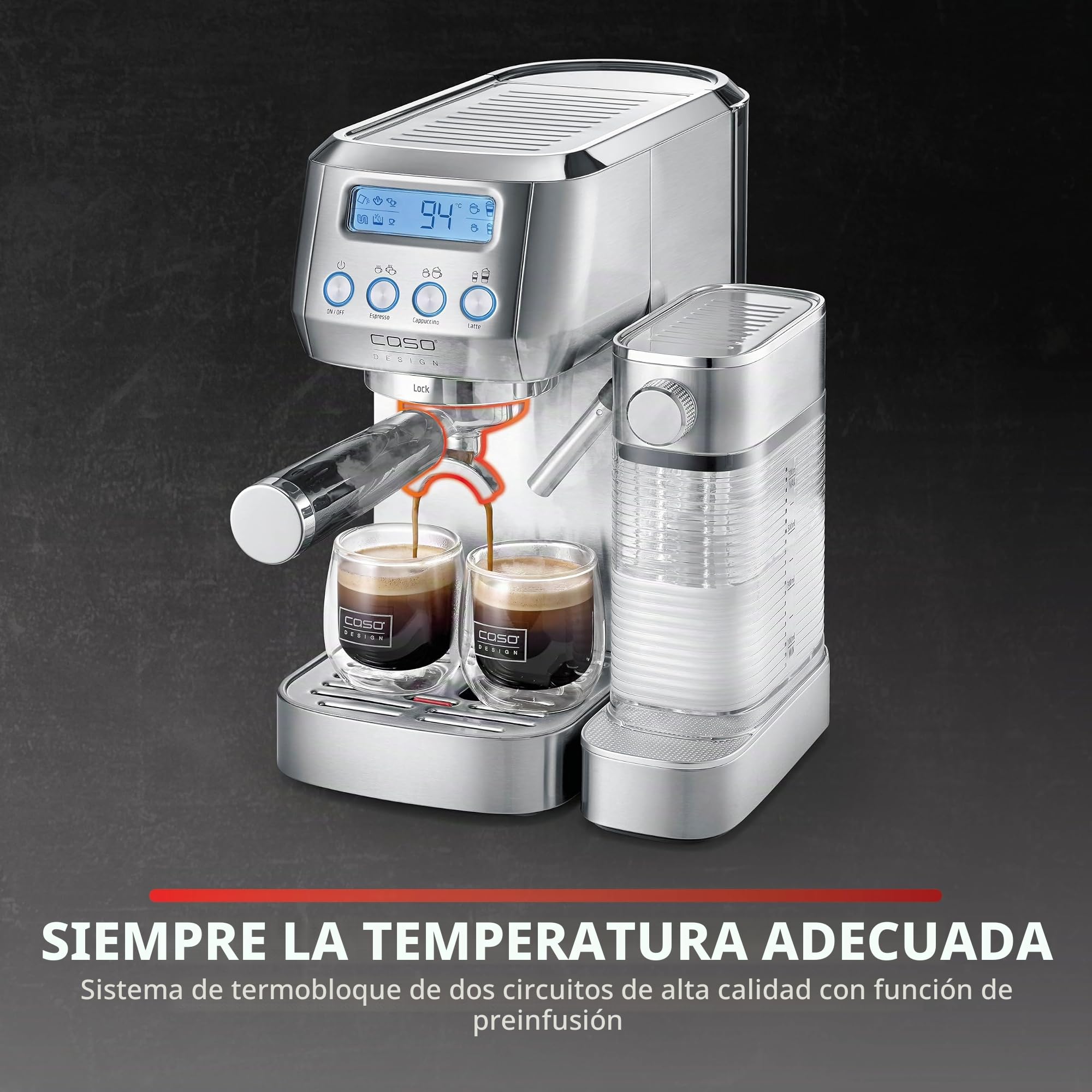 CASO Espresso Gourmet Latte - Juicio test muy bien, cafetera con depósito de leche integrado, bomba ULKA 20 bar, placa calefactora para tazas, 1 o 2 tazas, plata, acero inoxidable