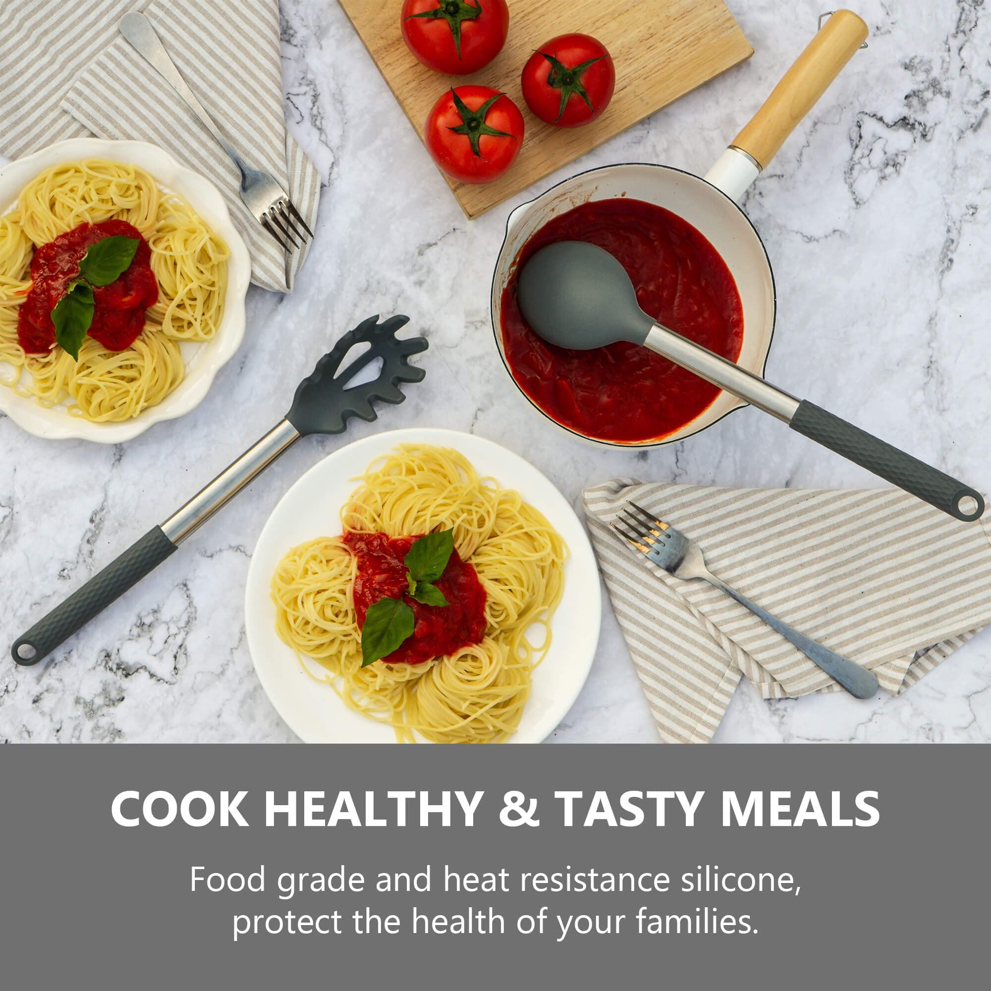 Set di utensili da cucina: utensili da cucina in silicone con manico in acciaio inox, set da 12 (grigio)