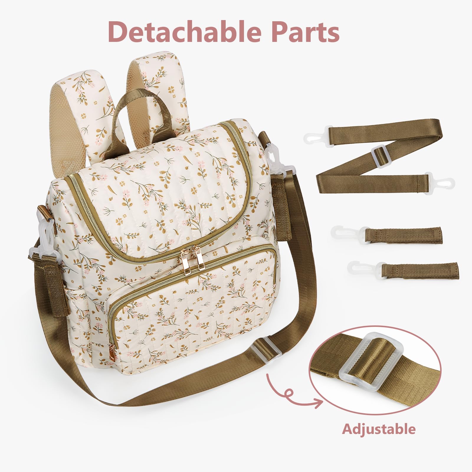 Wickeltasche mit Blumenmuster, Baumwolle, gesteppt, für Mütter, Baby-Reiserucksack mit Kinderwagengurt, braun, S, Casual