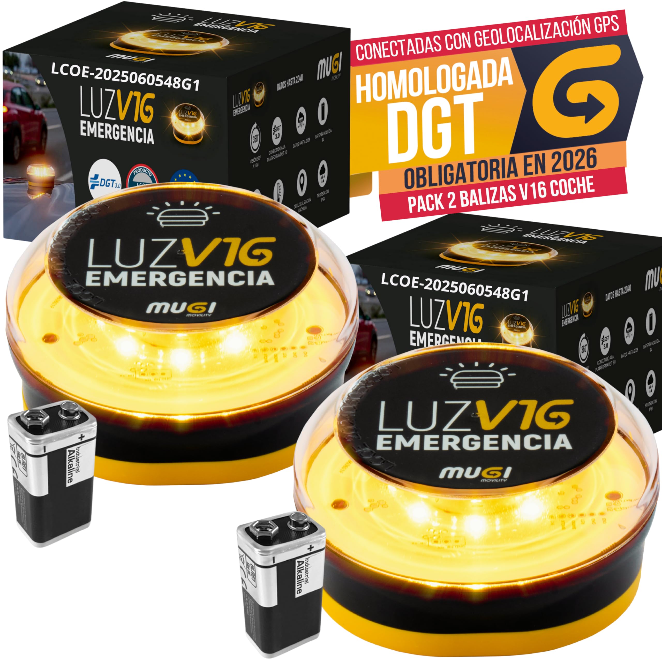 Pack 2 Balizas V16 Homologadas DGT Conectadas con Geolocalizador Datos Incluidos hasta 2040 - Kit Luces Emergencia Coche LED Alta Visibilidad 360º Geolocalización SIM IoT – Botón 3s IP54 Base Imán
