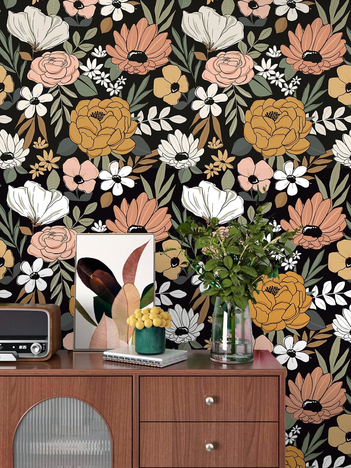 Boho Floral Peel and Stick Wallpaper, Black/Green/Brown Retro Self Adhesive Wall Decor for Bathroom, Kitchen, Accent Wall, Vintage Renter Friendly Contact Paper for Cabinet, Countertop, 17.5” x 118”