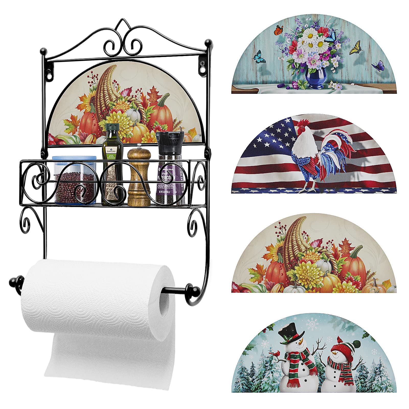 Paper Towel Holder Spice Rack with Storage Basket Shelf 4 Changeable Seasons Magnetic Pad Single Tier Wall Mount Storage Organizer for Kitchen Bathroom Pantry Durable Metal Wire Design Matte Black