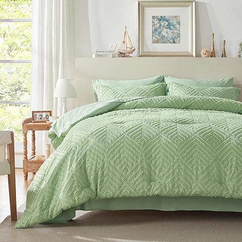 SunStyle Home Juego de edredón tamaño Queen, edredón alternativo ligero de 3 piezas, suave y reversible, para todas las estaciones (verdeverde