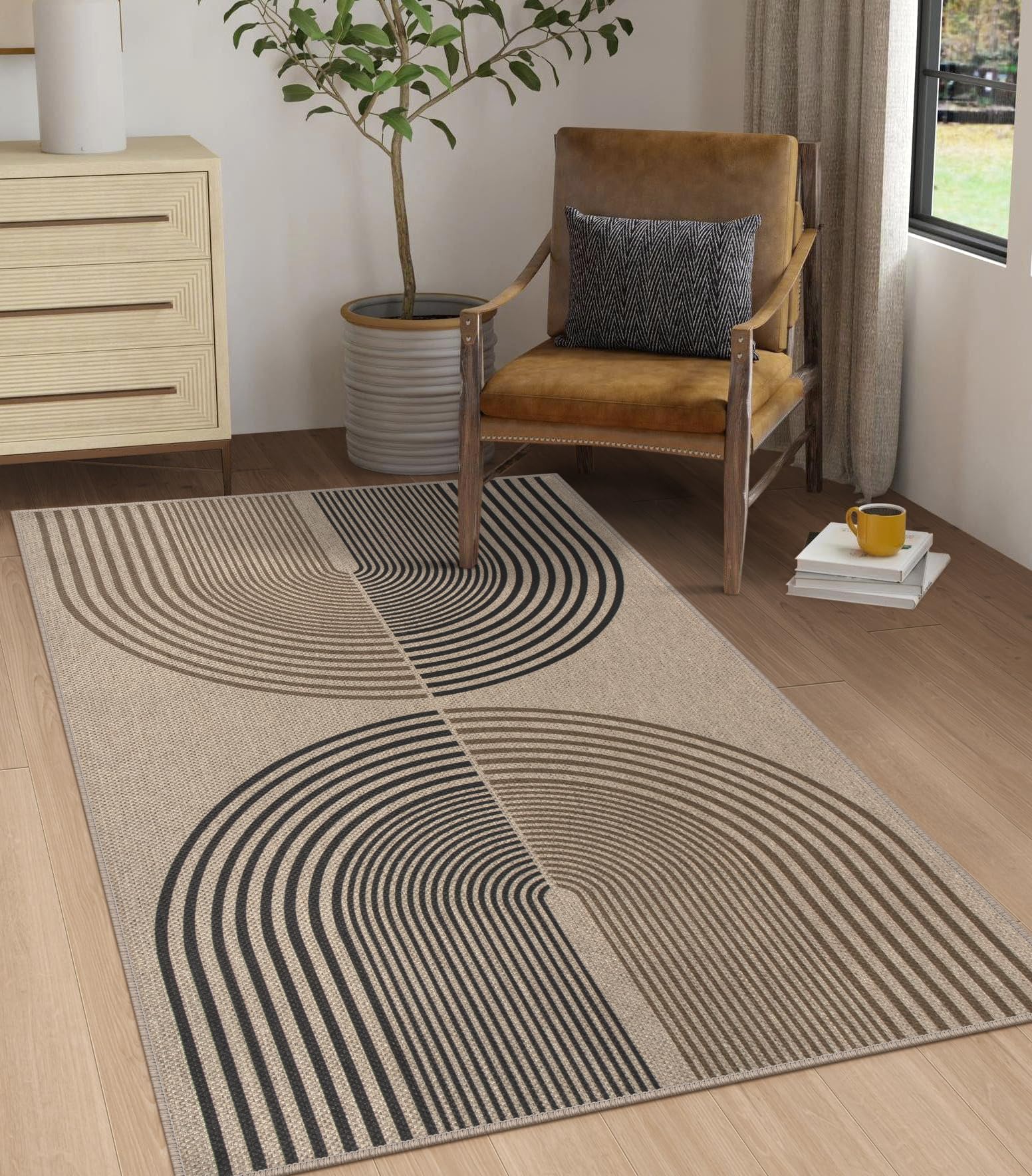 Rugalia Easy Jute Rainbow Area Rug, 3x5 Indoor Outdoor Entryway Rug Washable Non-Slip Modern Boho Kitchen Rugs, Neutral Farmhouse Abstract Throw