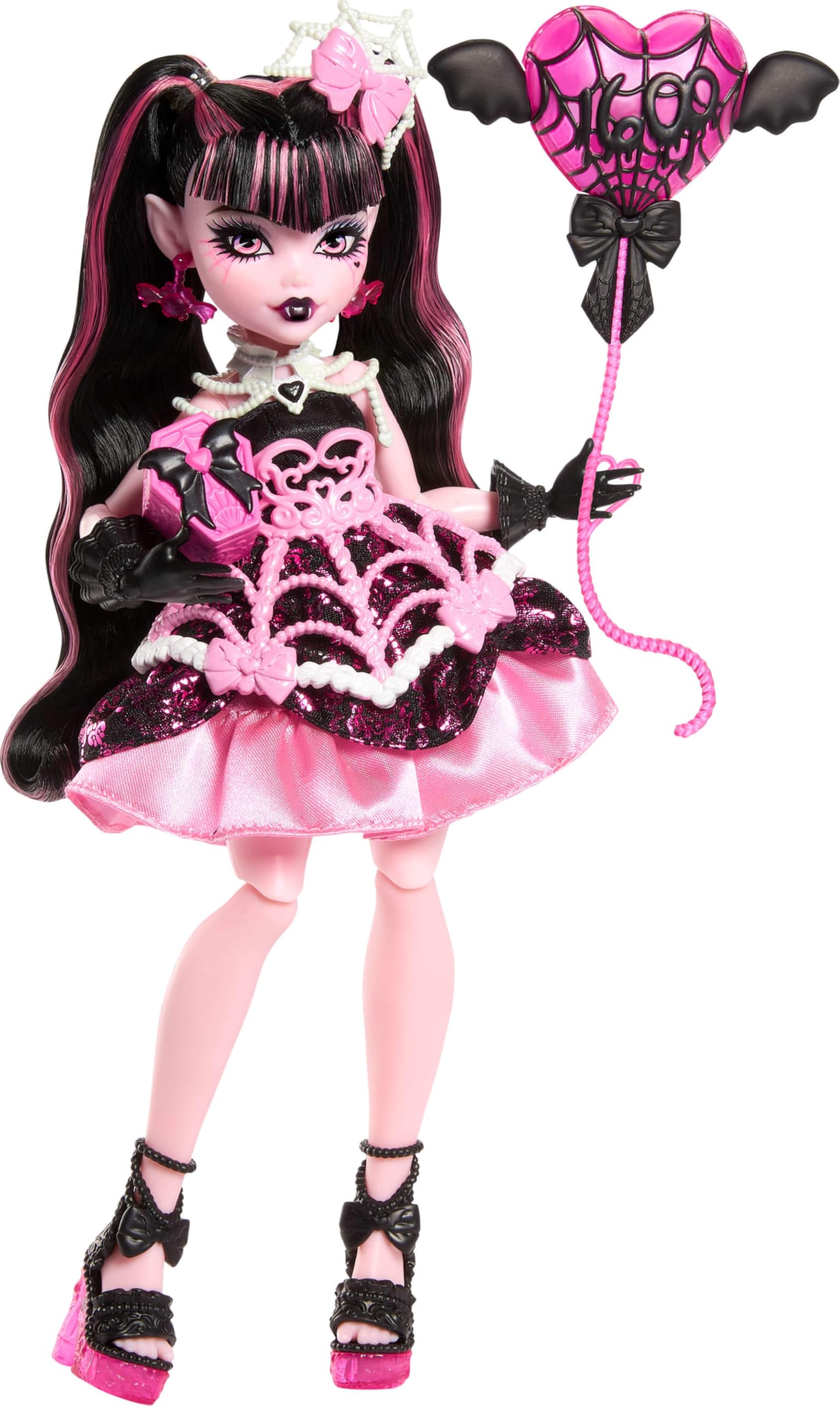 Scary Sweet Birthday Doll, Draculaura in Pink Party Dress with Themed Accessories Like Invite, Balloon, Gift, Fan and More