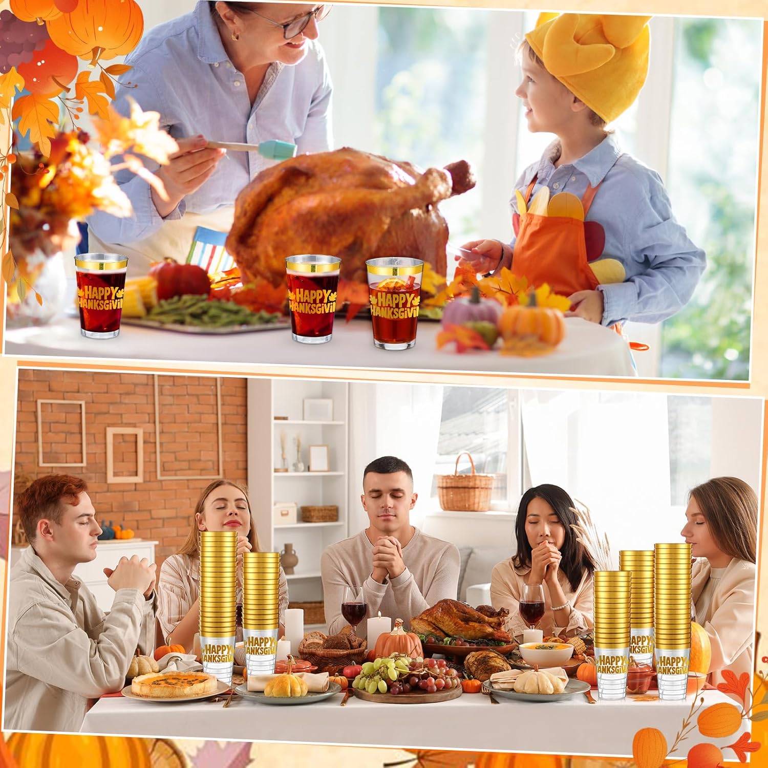 100 Pcs Thanksgiving Gold Plastic Cups Disposable Gold Rimmed Clear Coffee Cups 12 oz for Thanksgiving Day Party Drinks Cocktail Supplies