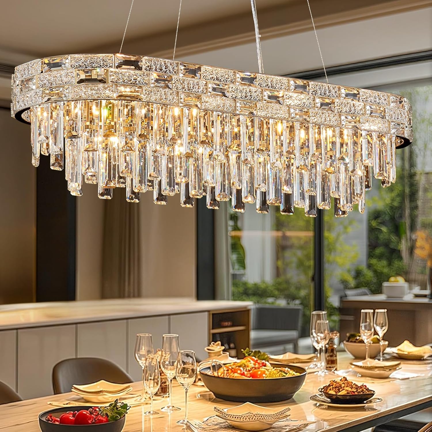 modern crystal chandelier,12-light gold chandelier light fixture contemporary luxury k9 crystal rectangular pendant ceiling light fixture for dining living room kitchen island bar (l34.3inch) rectangle l34.3''