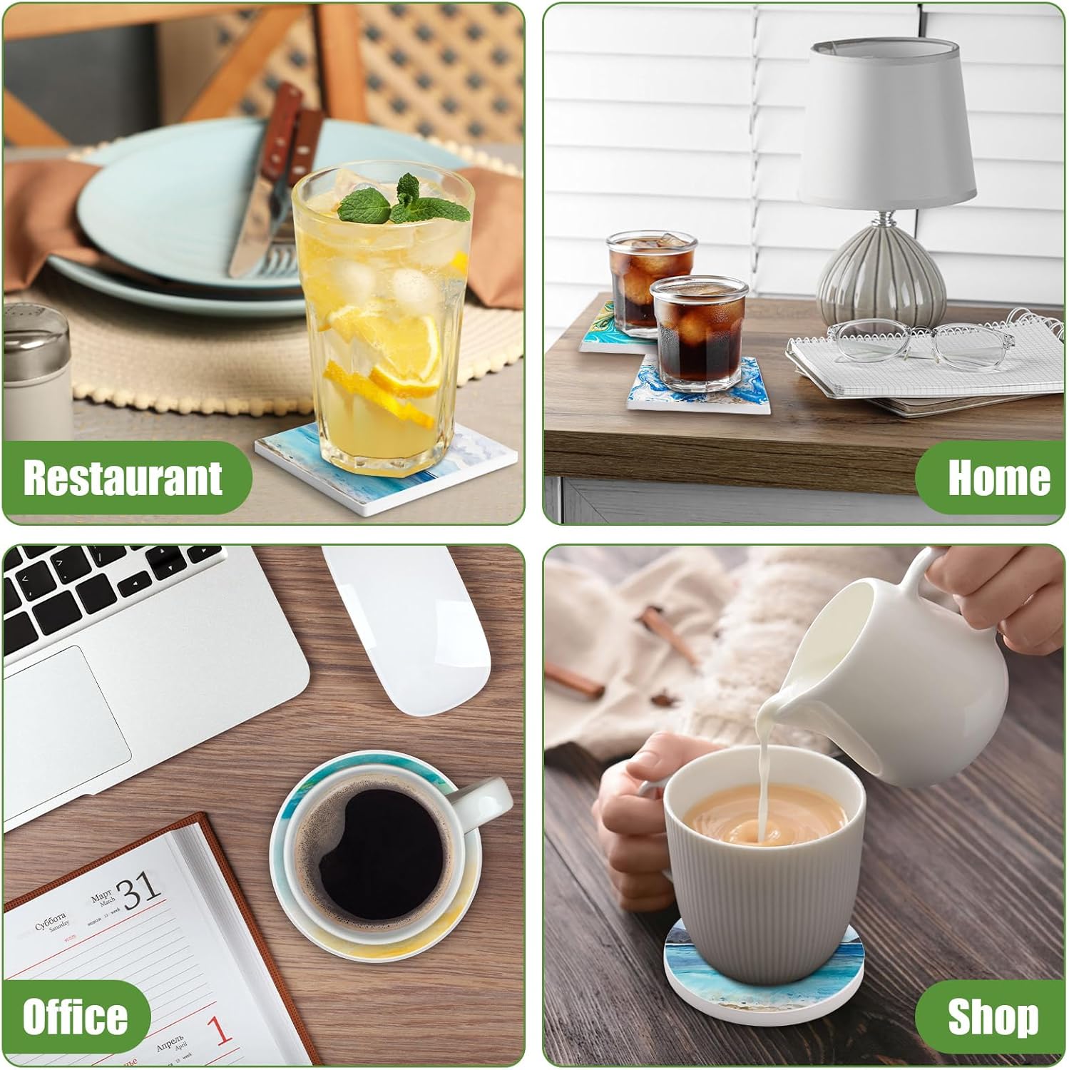 コースター おしゃれ セラミック製 裏面コルク 丸型 4枚セット マグ お茶 断熱 厚み 雰囲気 使いやすい 滑り止め 家庭用 オフィス用 インテリア  オシャレ 新築祝い プレゼント 送料無料<br><br> - 【STARABA】- プレゼント＆ギフトのギフトモール Zopeal クラフトコースター用セラミックタイル 48枚 正方形と円形のホワイトタイル 素焼きセラミックコースター コルクバッキン