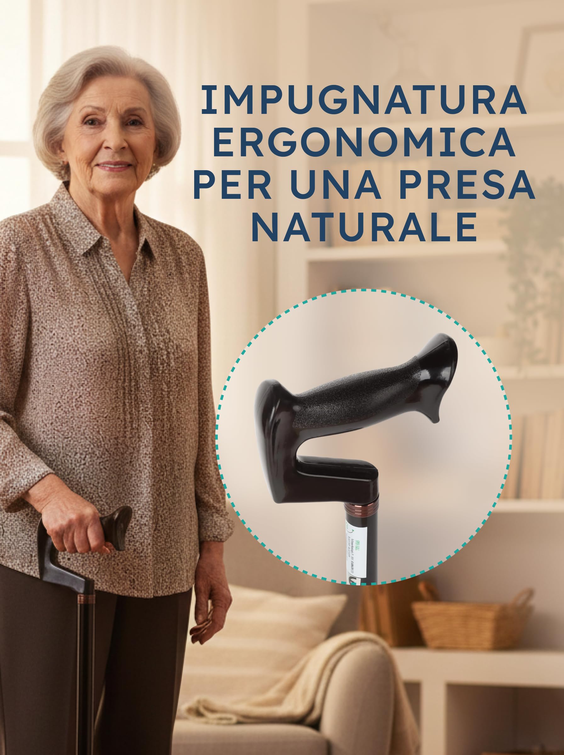 SPES Quadripode Nero in Alluminio - Bastone a 4 Piedi Autoportante per Anziani e Disabili - Ausilio Regolabile (62-85 cm) con Base Antiscivolo Stabile e Impugnatura Anatomica (Design Elegante)