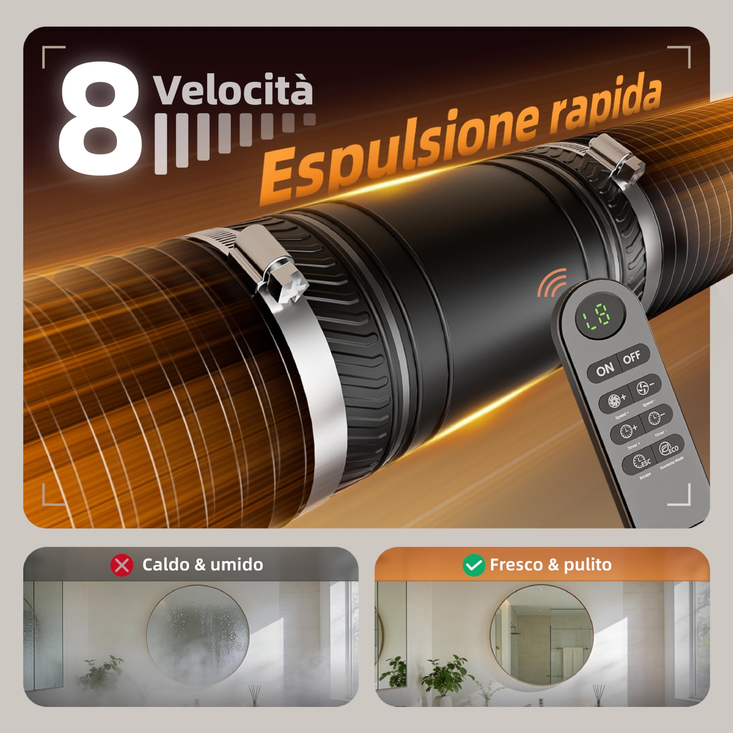Ventilatore da Condotto 100 mm con Timer, Ventola Aspirazione 8 Velocità 310 m³/h, con Protezione da Surriscaldamento, Estrattore Aria Inline per Serra, Bagno, Cantina, Garage, Cucina