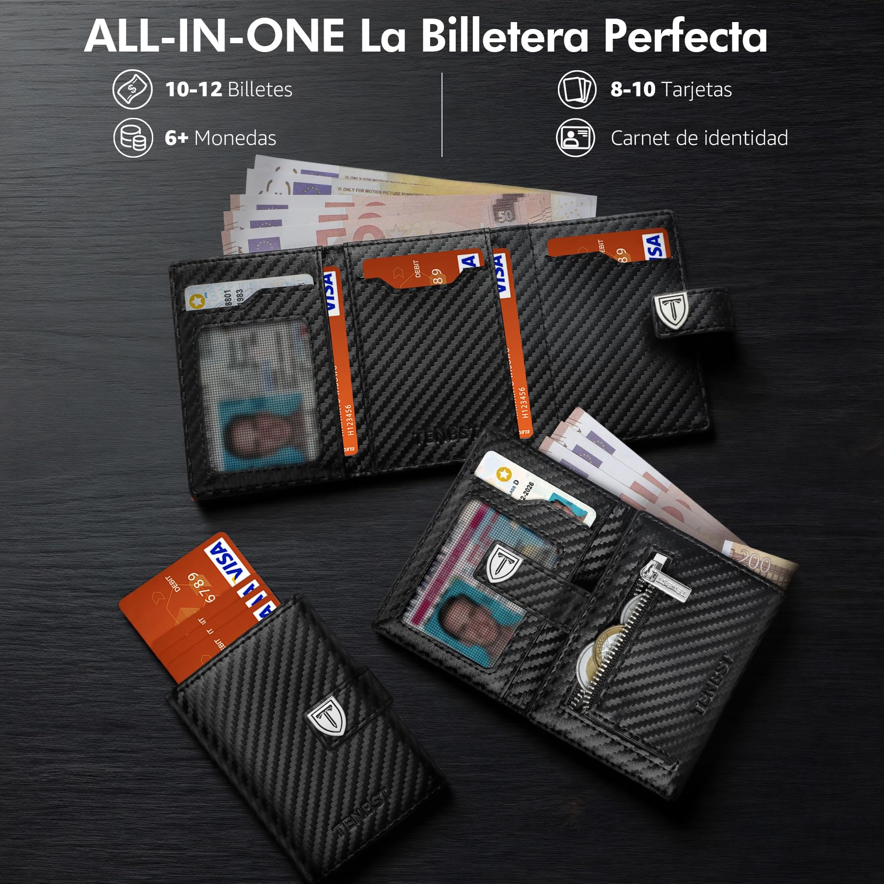 TENBST Cartera para Hombre – Cartera Ultrafina para Hombre con Compartimento para Monedas y protección RFID, Cartera Premium Fina, Cartera de Lujo para 10 Tarjetas de crédito (Negro y Naranja), Negro