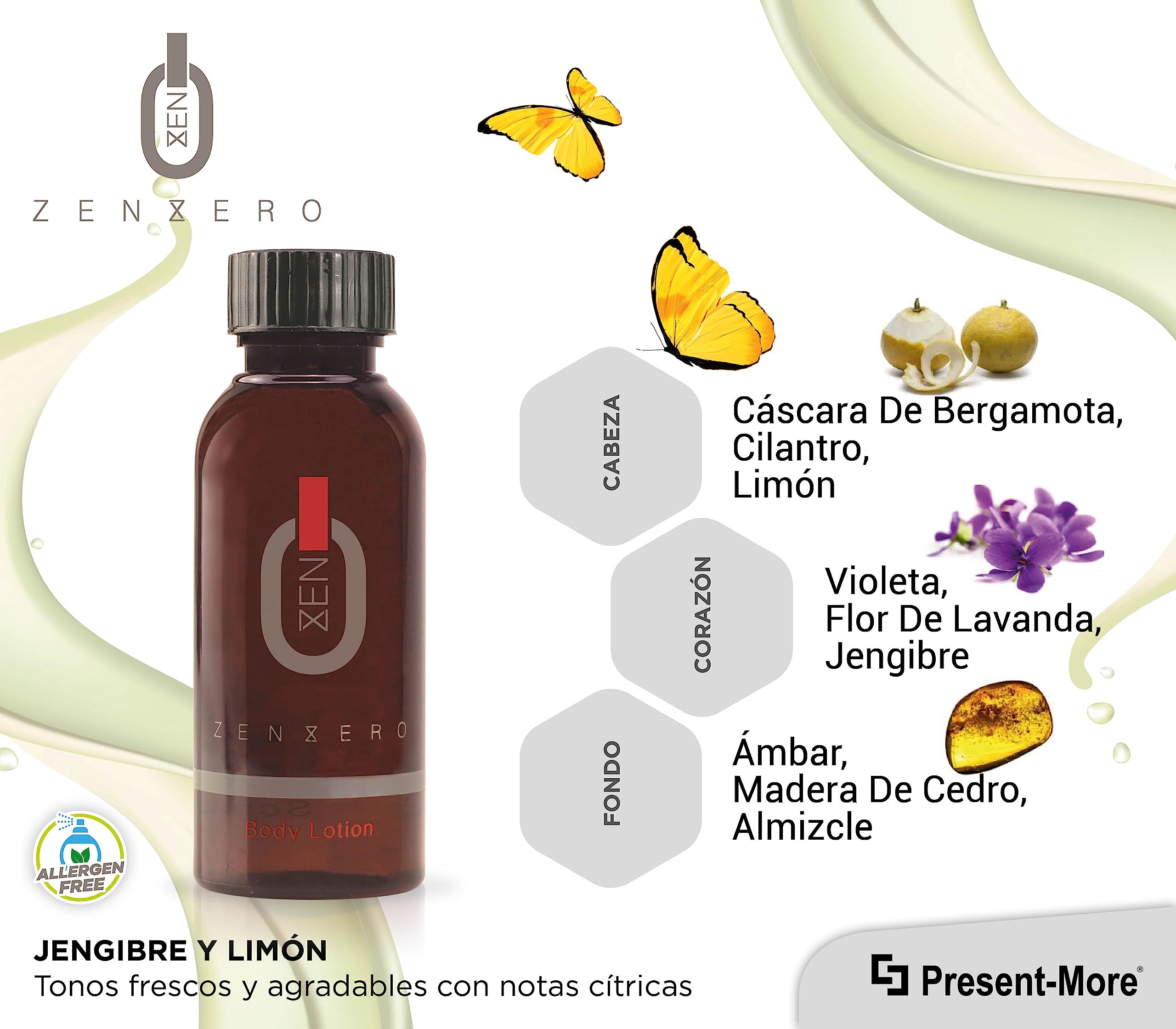 Present-More Crema corporal 45ml Zenzero - Crema cuerpo 250 unidades para Hoteles y B&B | Crema cuerpo sin alérgenos con fragancia Jengibre y Limón