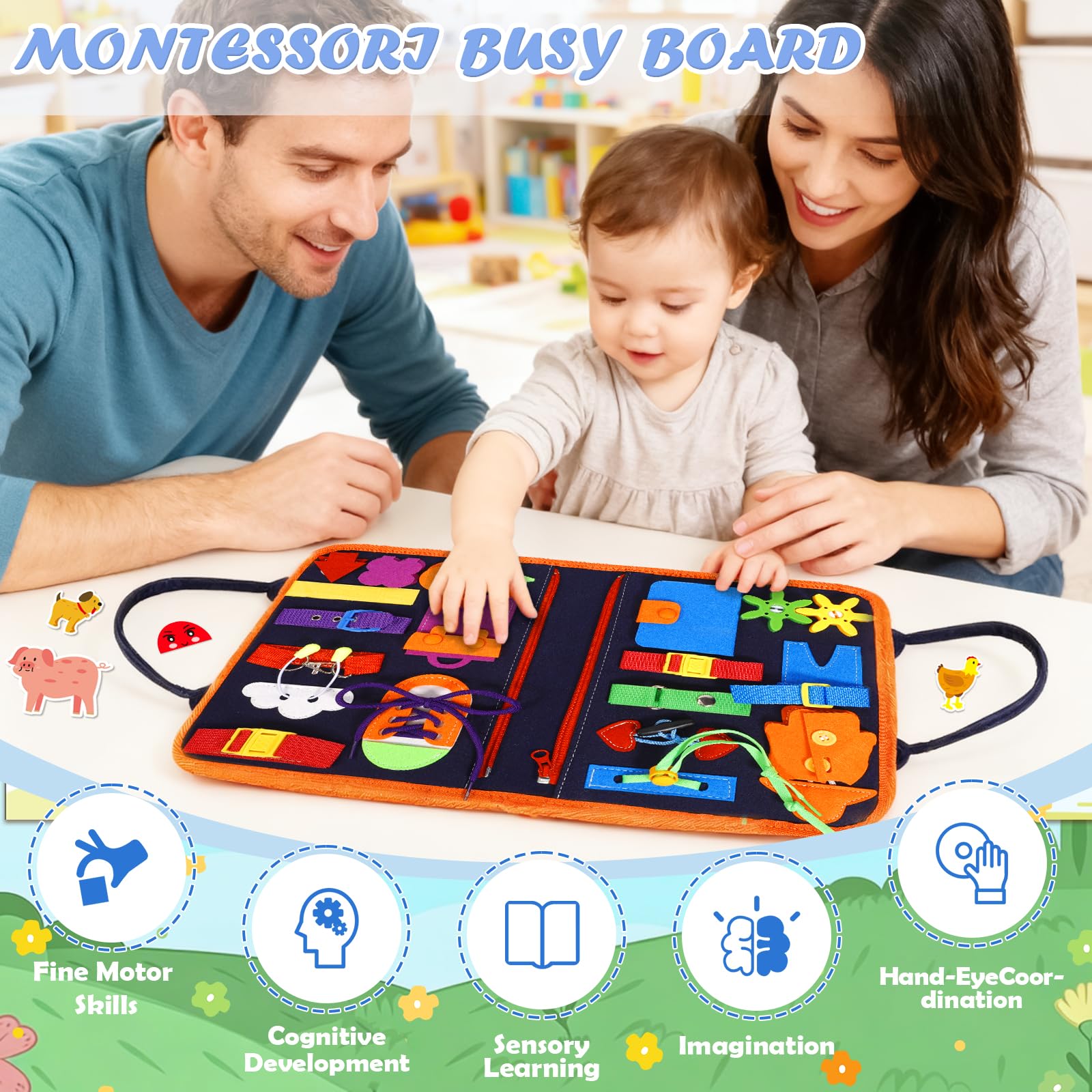 Busy Board, Libro Montessori Interattivo, Pannello Sensoriale Educativo,Feltro Quiet Book, Regalo per Bambino Bambina di 1 2 3 4 Anni