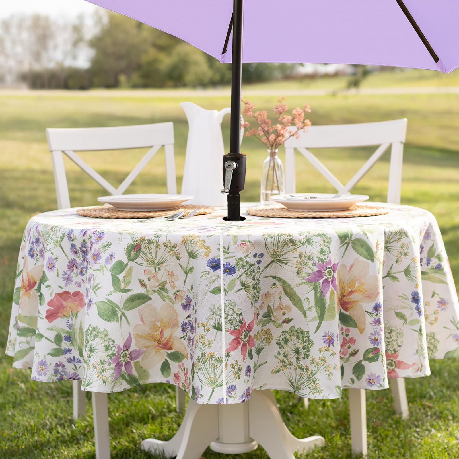 Benson Mills Floral Spring/Summer Heavyweight Fabric Outdoor Tablecloth with Umbrella Hole, Zippered Table Cloth for Round Tables, Picnic/Patio Table Covers (70" Round with Umbrella Hole, Antonia)