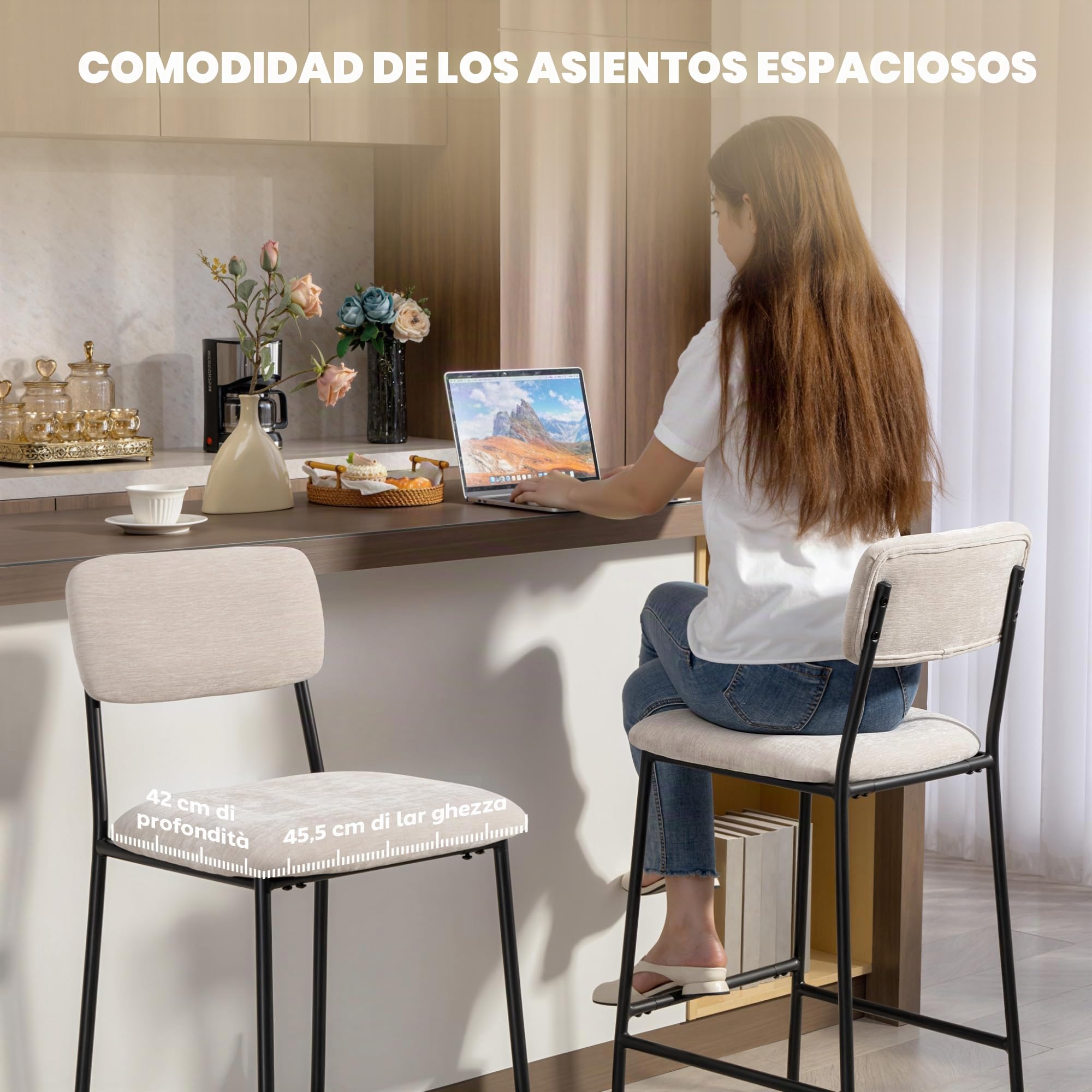 HOMCOM Set de 2 Taburetes de Bar y Cocina Altos, Respaldo Alto, Crema
