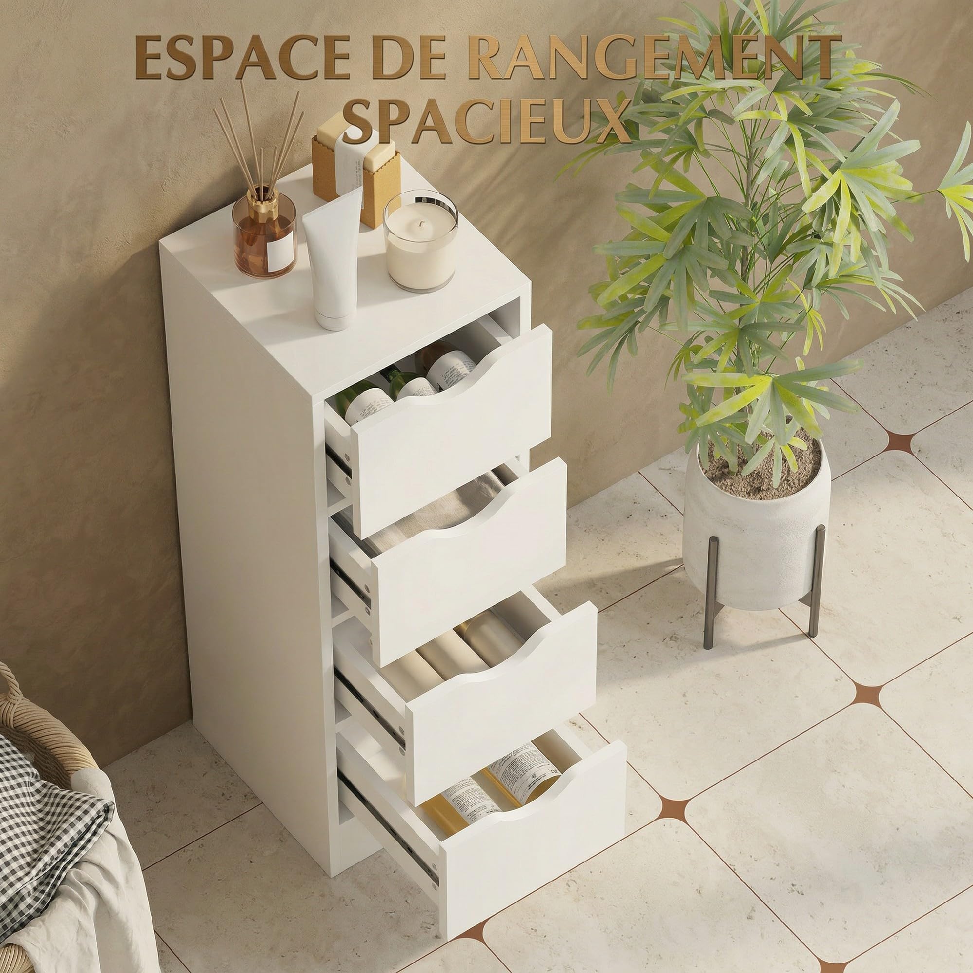 HOMCOM Meuble de Salle de Bain Meuble de Rangement 29 x 29 x 83 cm Blanc | 4 Tiroirs, Poignées Encastrées, Armoire Salle de Bain, Chambre, Salon, Idéal pour Petits Espaces