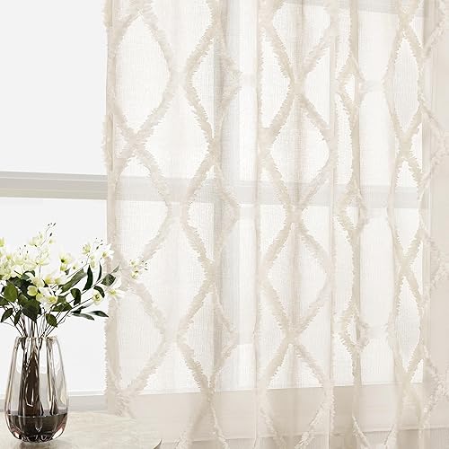 Miniatura 7 de Cortinas traslúcidas beige de 108 pulgadas para sala de estar, dormitorio, casa de campo, cortinas bohemias suaves que filtran la luz, pestaña