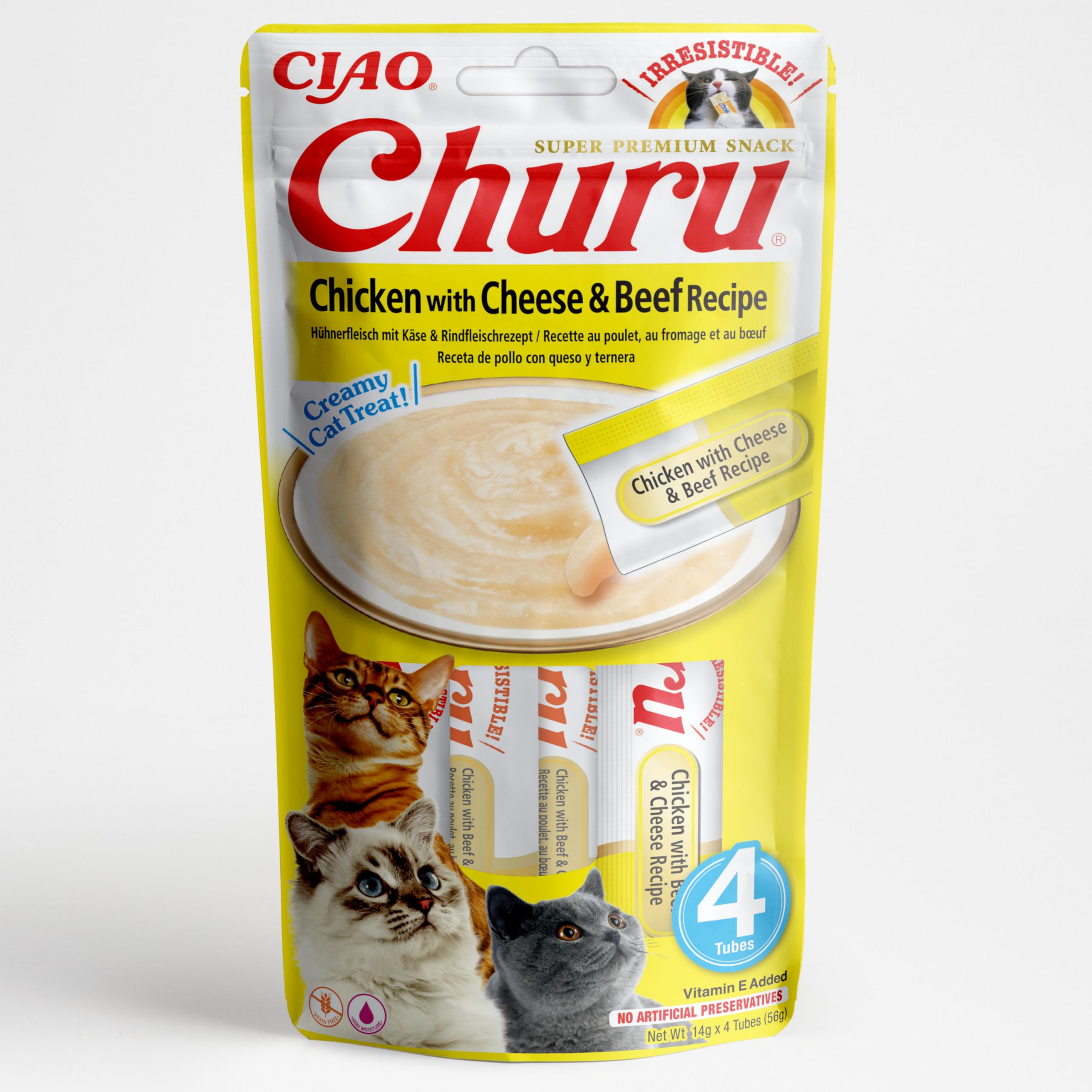 INABA Churu - Premios para Gatos - Snacks Saludables Pollo, Queso, Ternera - Textura Cremosa - Sin Cereales, Conservantes, Colorantes - Sólo 6 Cal - 4x14g (56g)