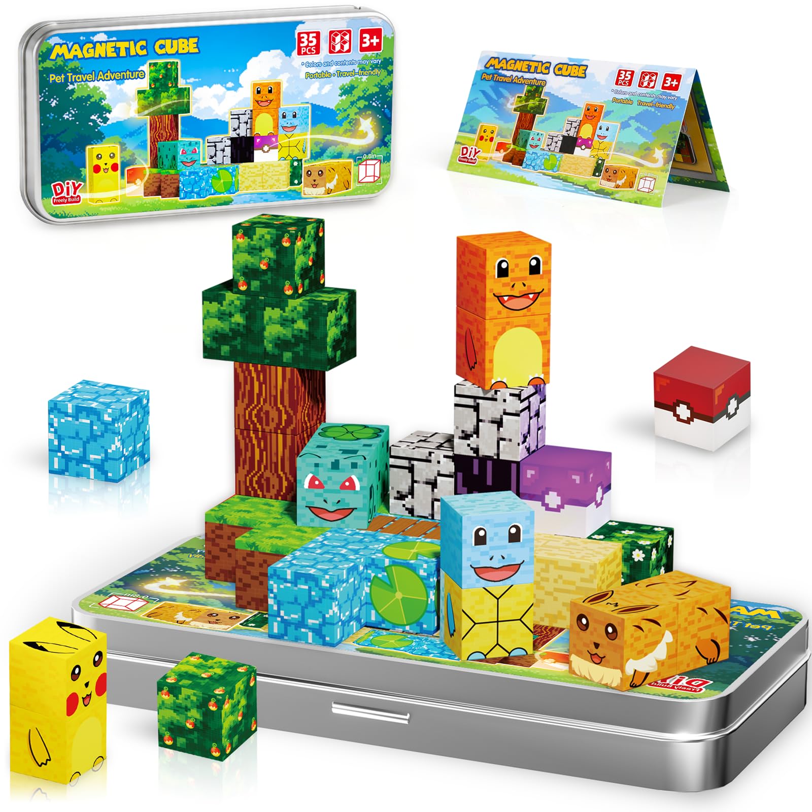 Mini Magnetic Blocks Pet Travel Toys, 35 PCS Magnetic Building Cubes with Metal Storage Case for Kids Ages 3-8, STEM Montessori Construction Toys for Toddlers, Airplane &amp; Car Ride Essentials
