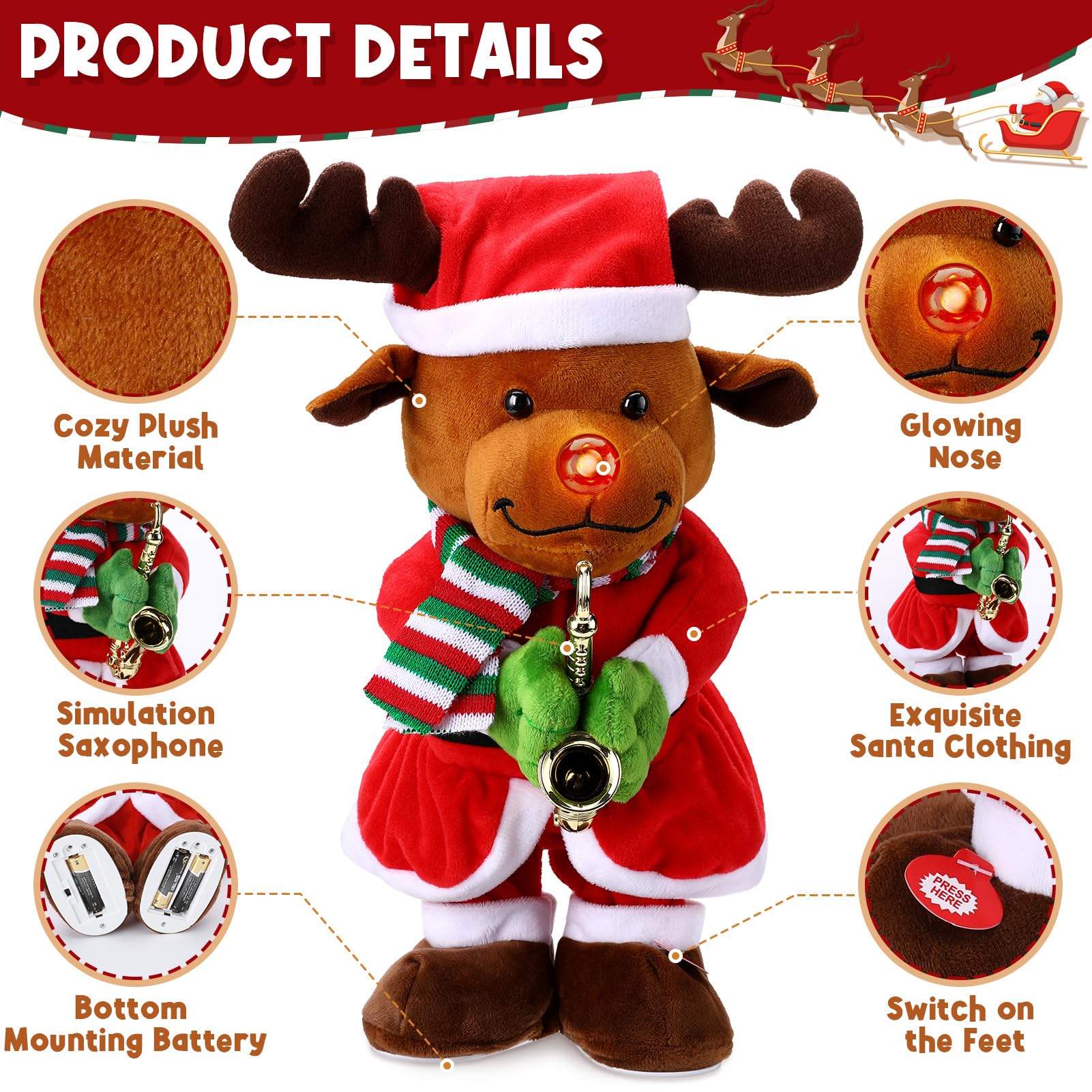 Aceshop Pluche kerstboom, knuffeldieren, 38 cm, zingende dansende pluche dieren met muziek en licht, opname, dansende kerstboom, kerstdecoratie, cadeau (B
