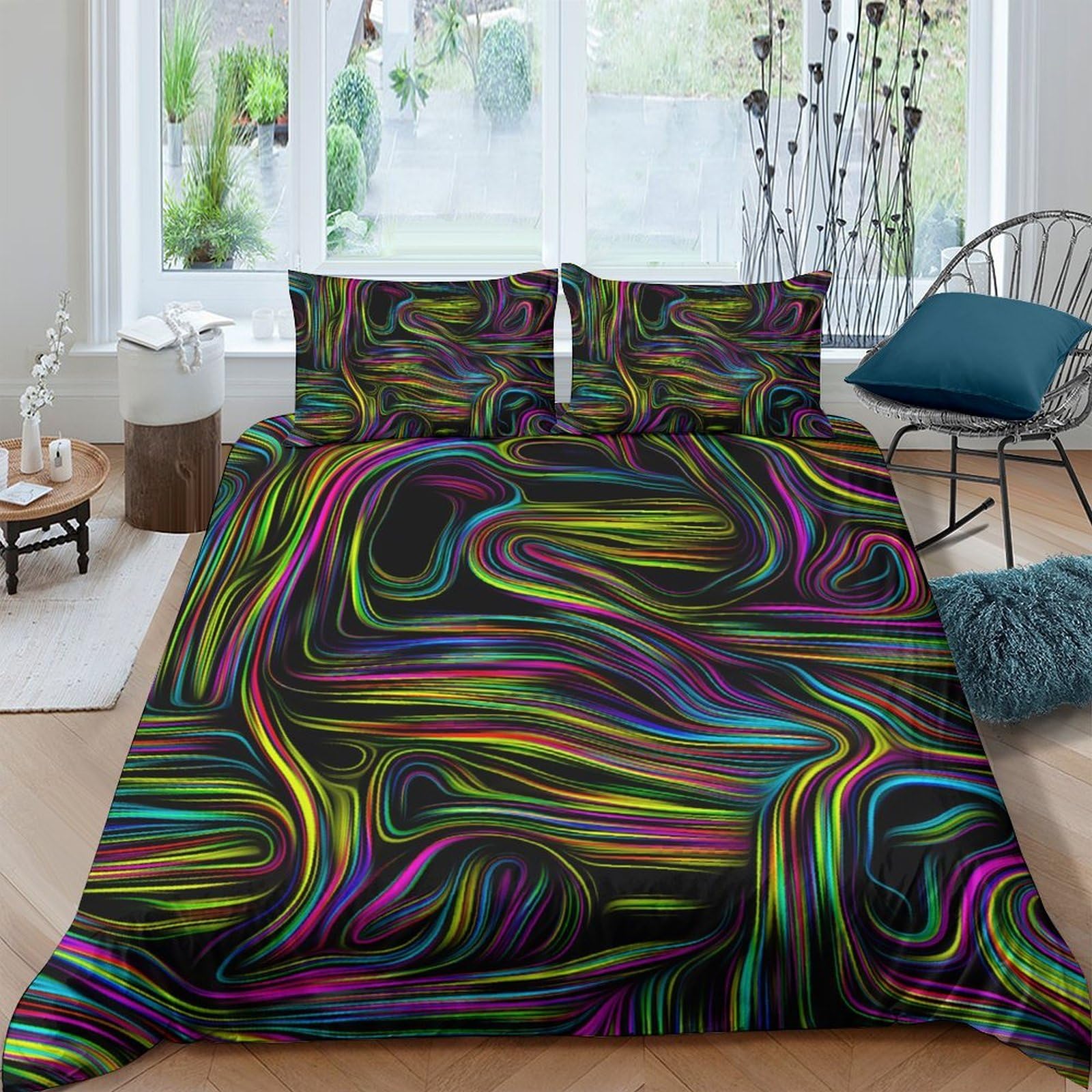 Ctjqhvkz Style-2 3D Printed Neon Swirl Fitted Sheet Microfiber Black Rainbow Mattress Cover For Bedroom Dorm Bed Protection Decor Single（135X200cm）