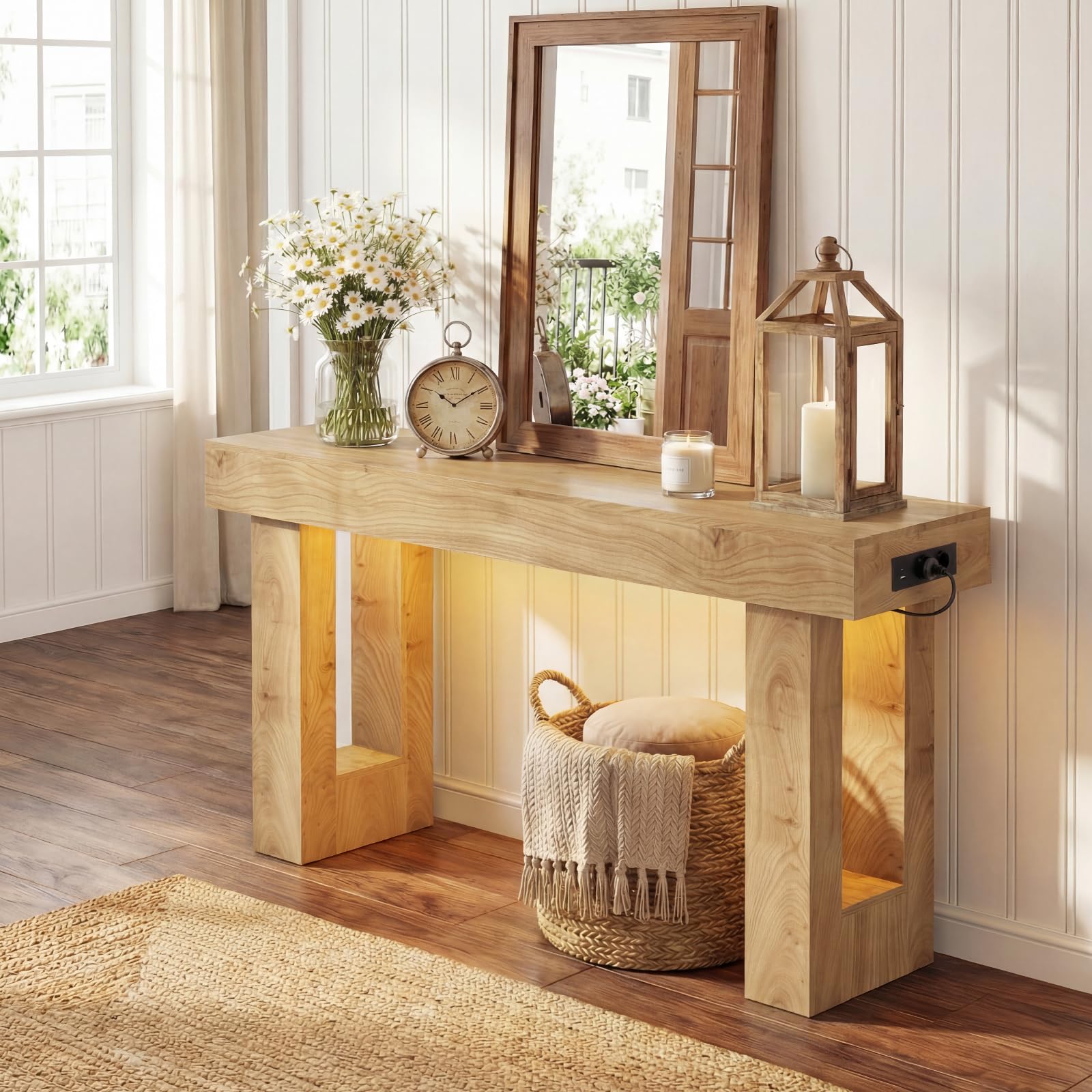 iSunirm Konsolentisch mit Steckdose, 120x35x85 cm schmaler Flurtisch mit 2 Steckdosen, 2 USB & Bewegungsmelder-Licht, Sofatisch für Flur, Wohnzimmer, hinter Sofa, Natureiche
