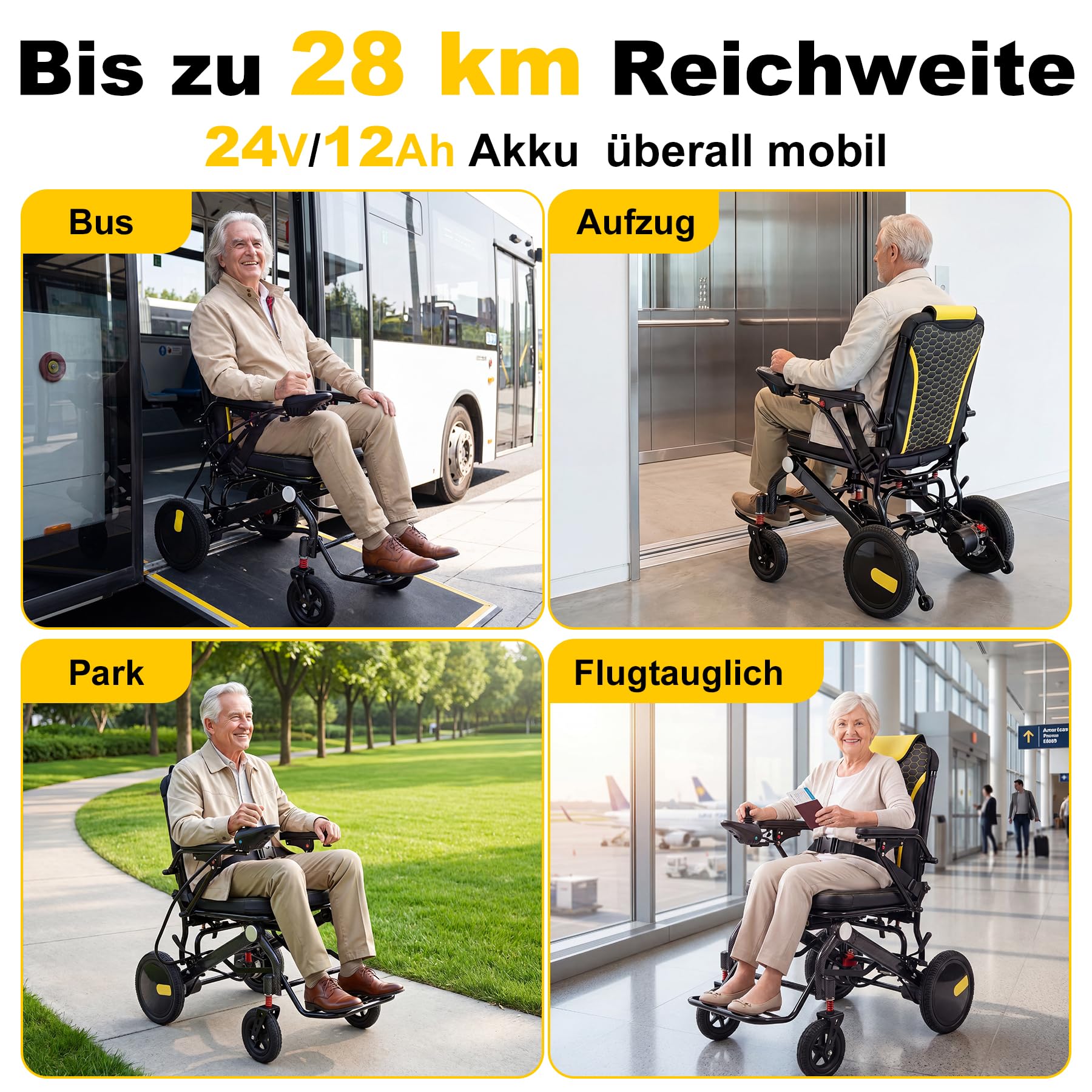 Elektrischer Rollstuhl Faltbar und Leicht, 28 km Reichweite | Intelligente Bremse, Ergonomisch, Kompakt, Flugtauglich