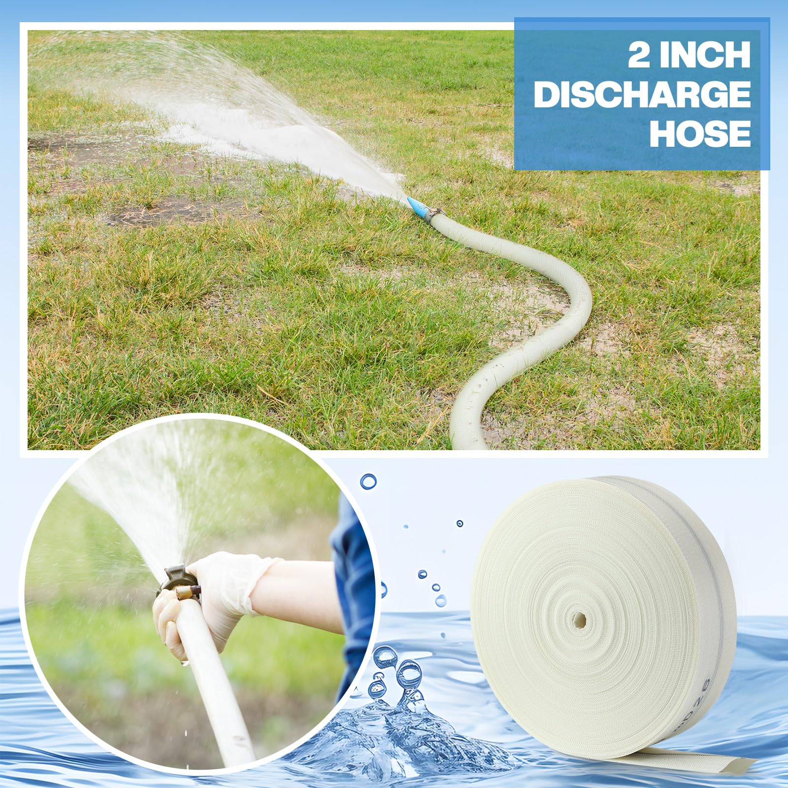 Pushglossy Manguera de descarga de 2 pulgadas x 98 pies, manguera de descarga de PVC reforzado resistente con abrazaderas dobles para bomba de tubería de piscina, transferencia de agua, riego de