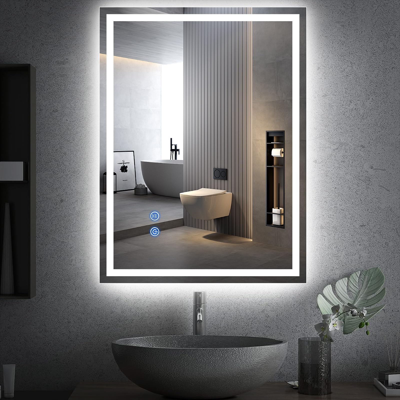 Youyijia Spiegel Mit Beleuchtung, 80x60 cm Badspiegel Mit Beleuchtung Mit Touch-Schalter Beschlagfrei, 3 Lichtfarben Dimmbar,3500K-6500K Badezimmerspiegel (Beschlagfrei+Dimmbar)