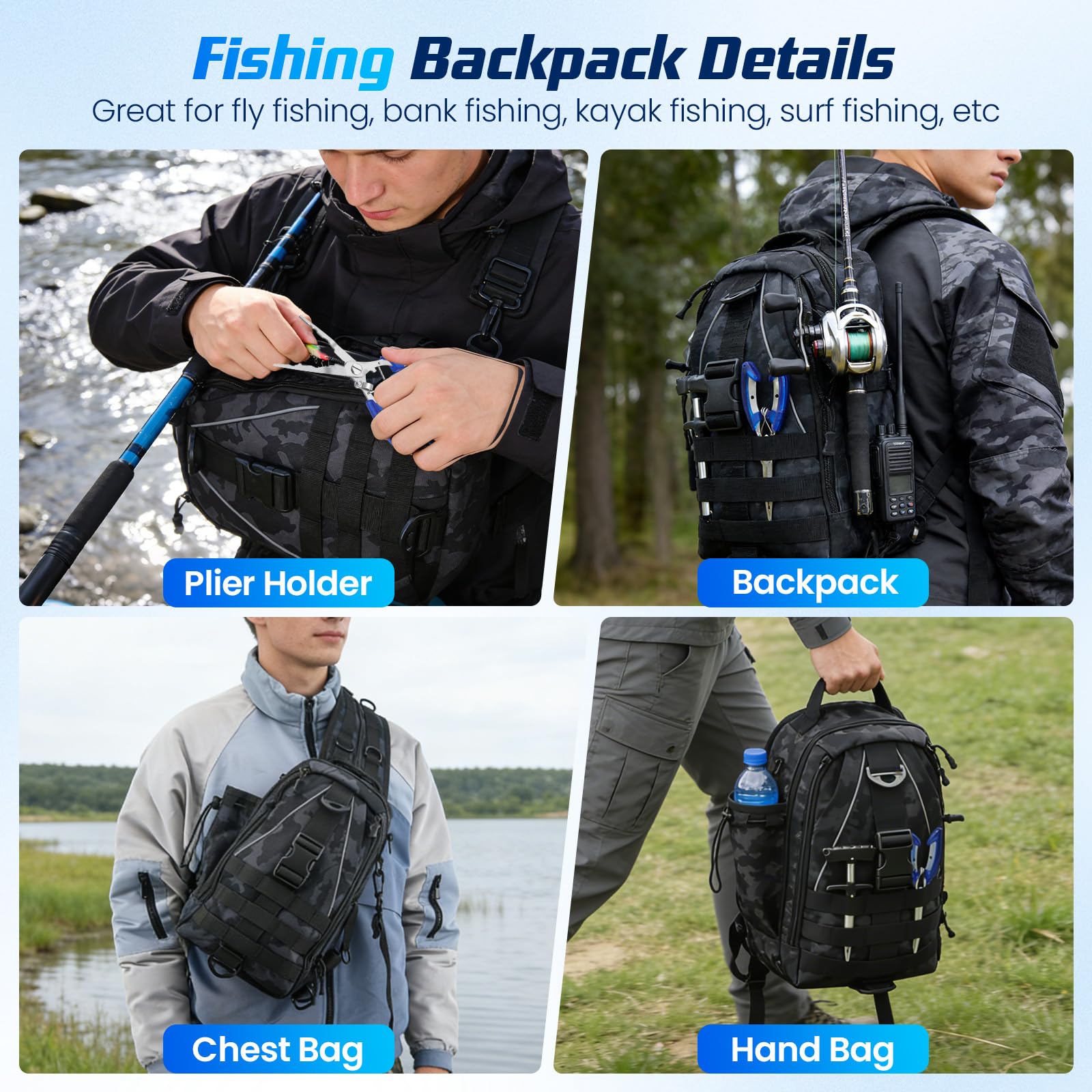 Mochila de pesca impermeable 40L con cajas, juego de 208 piezas, incluye cebo, pinzas, removedor de anzuelos y agarre de labio