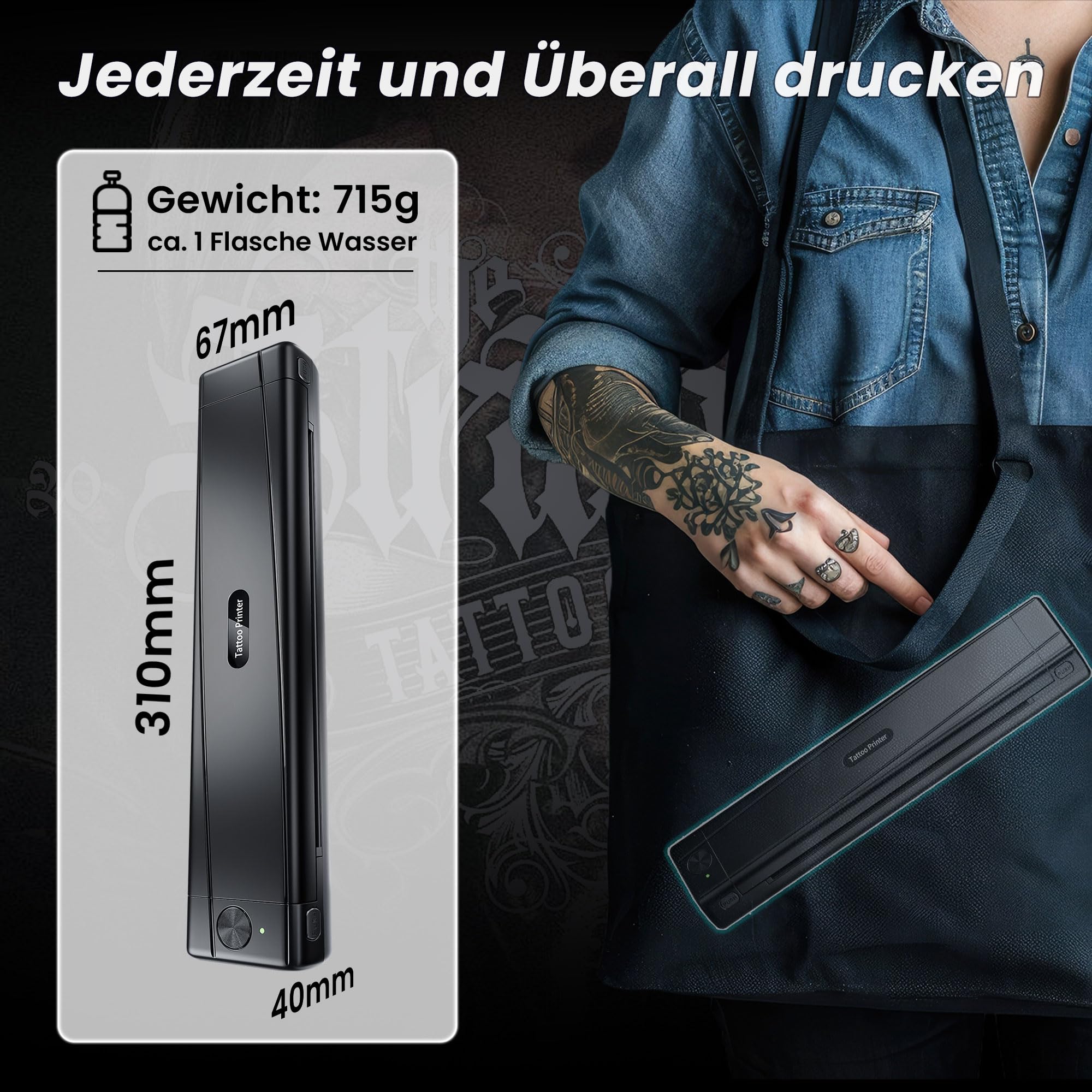 TATTMUSE Tattoo Drucker Bluetooth, Schablone Drucker mit 10 Stück Papier, A887 Stencil Drucker mit Smartphone & PC, Tattoo Transfer Nadeldrucker für Tattoo Künstler und Anfänger, Schwarz