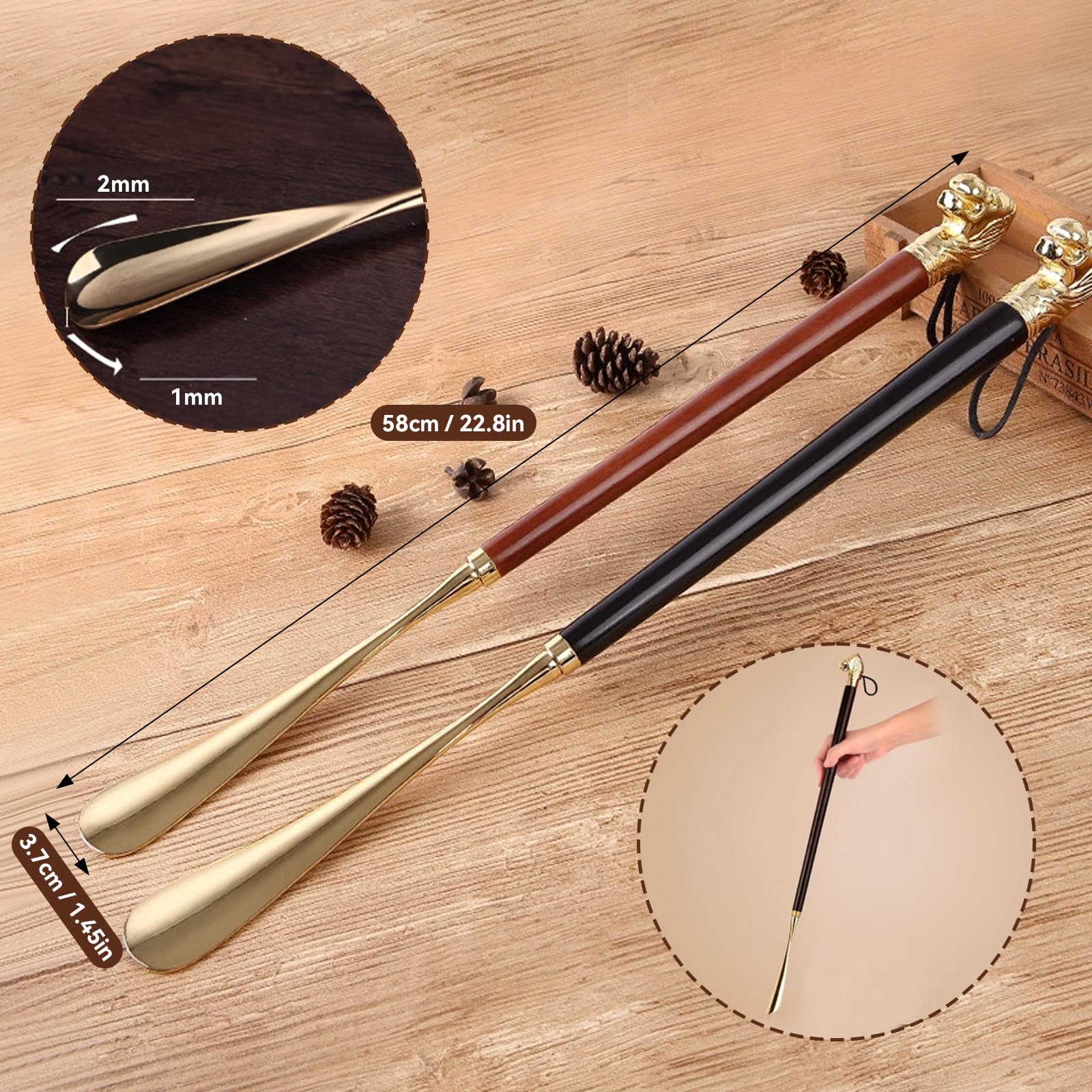 Calzascarpe Lungo Metallo, Elegante Calzascarpe in Legno e Metallo con Testa di Leone, Facile da Usare, 58 cm, Marrone, per Uomo e Donna