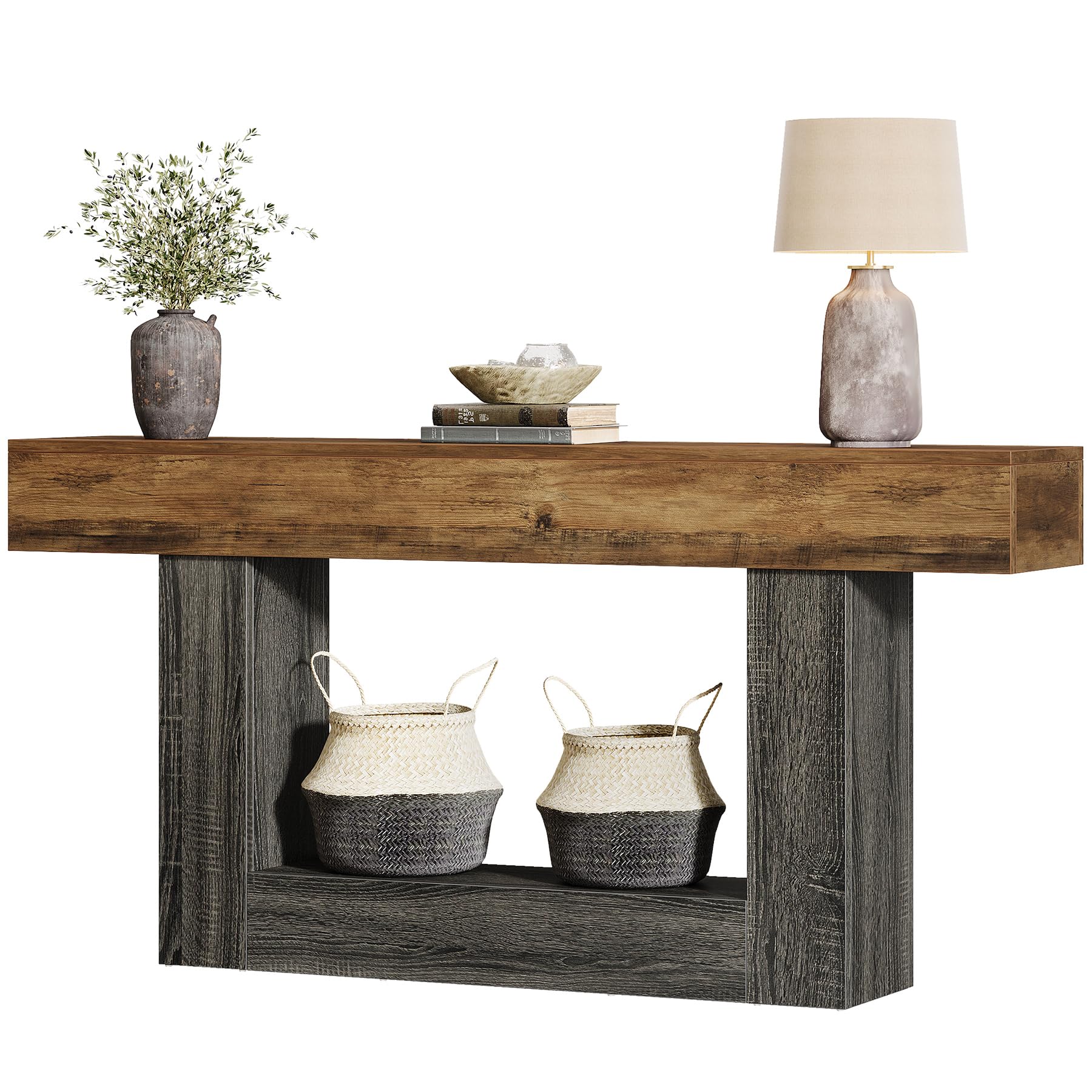 Tribesigns Mesa Consola de 160 cm de Largo, Mesa de Entrada de 2 Capas, con Espacio de Almacenamiento, Mesa de Centro Trasera de Madera de Granja para salón, Pasillo (Rústico Marrón y Gris)