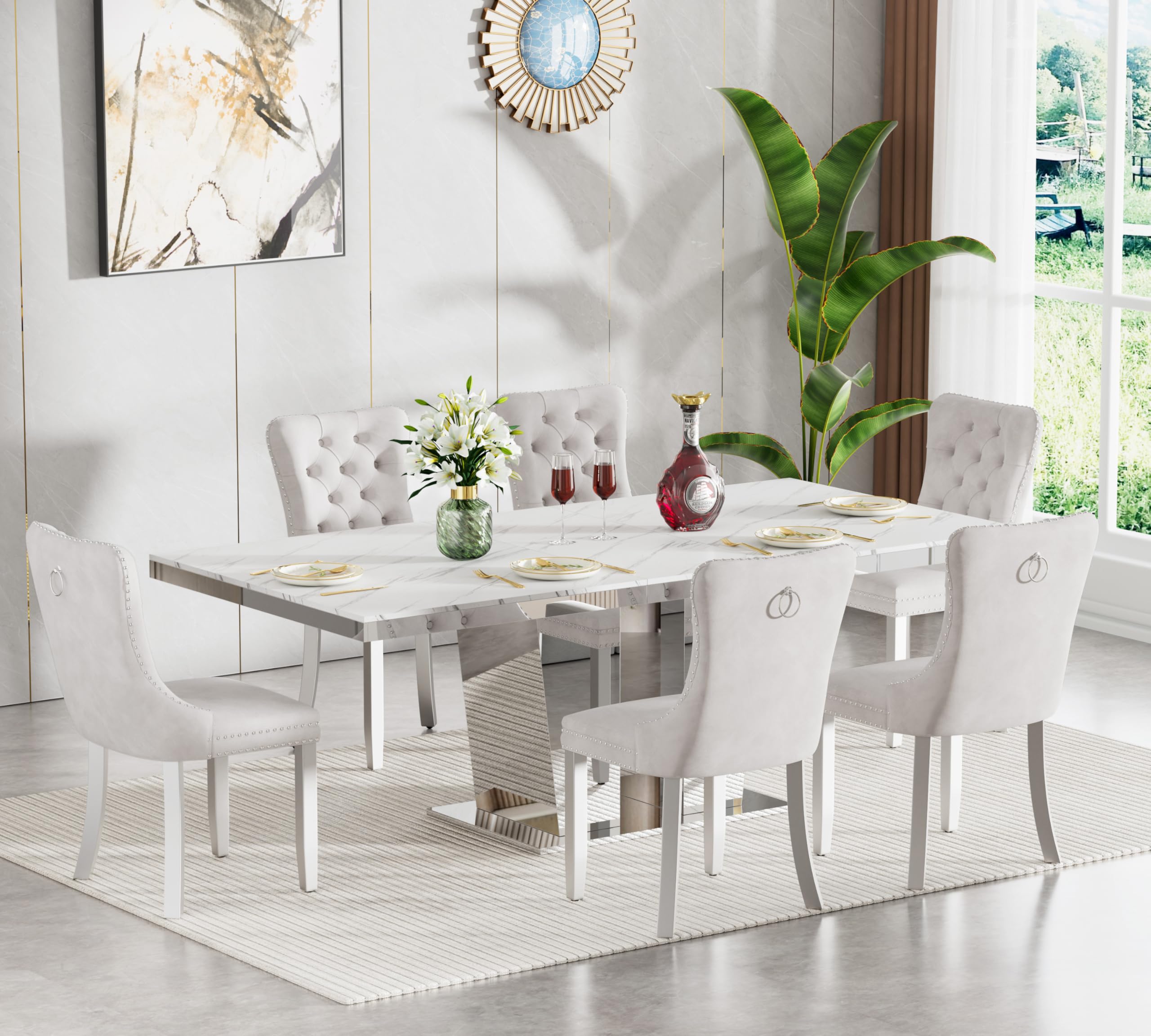 White Faux Marble Extendable Dining Table Set for 6 Mirrored Base