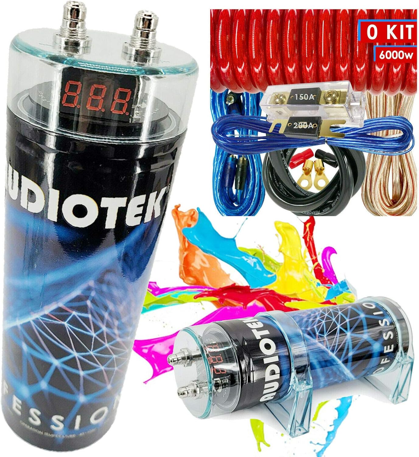 Audiotek at-3.5 Farad Capacitor with Car Audio 3500 Watts Power 12V Car Digital Power and Genuine New 6000Watts 0 Gauge Car Amplifier Installation Wiring Kit