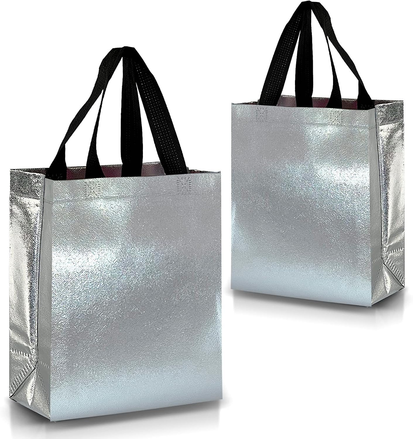 Lavya Extra-Small Size Pack of 50 Pcs Glossy Metallic Laminated Non-Woven Reusable Eco-Friendly Party Return Gift Bags (Silver) (Extra-Small 6.75x9x3 Inch)