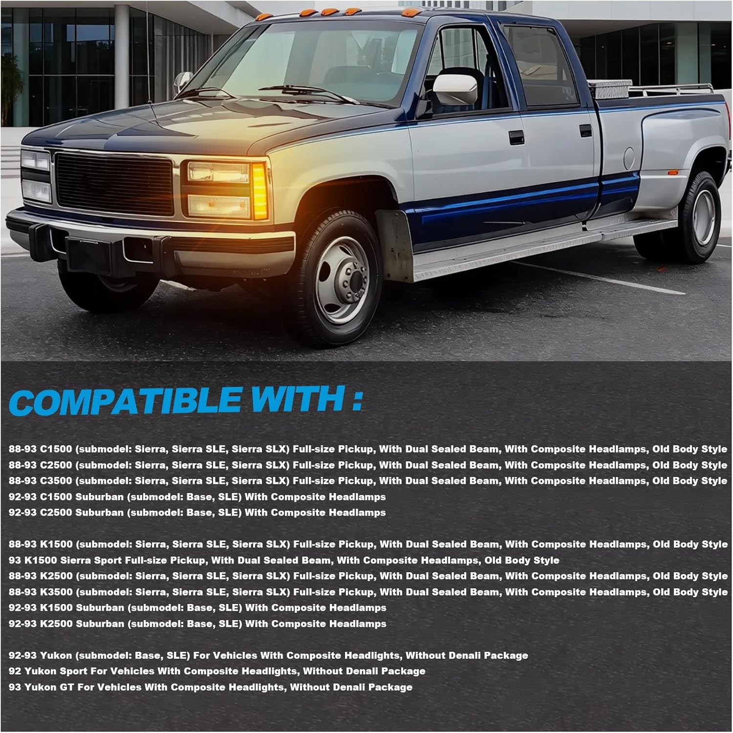 Amber Lens LED Front Corner Lamp Side Marker Lights Kit for 1988-1993 GMC Sierra Suburban C1500 C2500 C3500 | K1500 K2500 K3500 | 1992-1993 Yukon | Plug & Play Direct Replacement (Amber Lens)