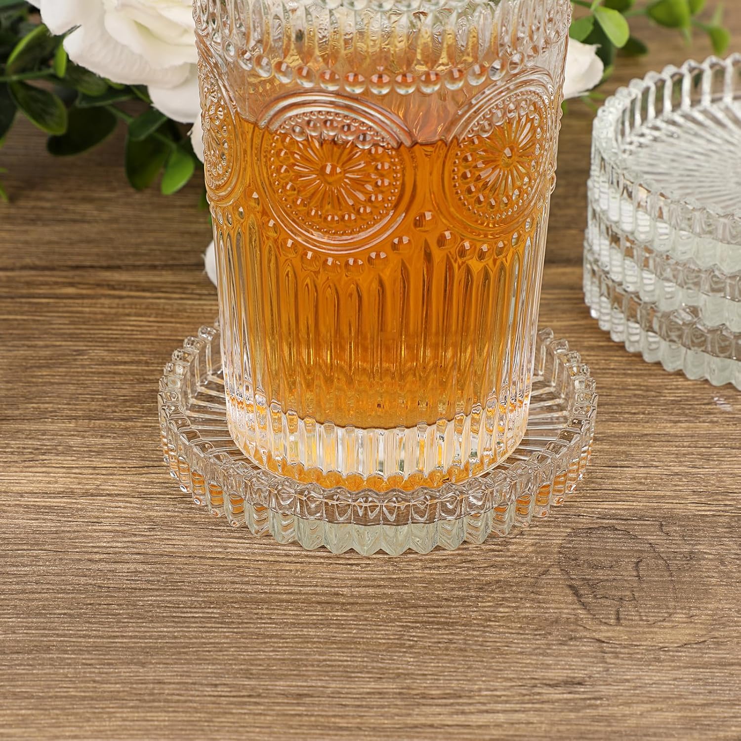 JUXYES 8 Pack Clear Crystal Coasters Round Cup Mat, Glass Coasters for Drinks Coffee Tea Wine, Decorative Wine Bottle Coaster, Crystal Drink Coasters for Restaurant bar Kitchen Dining Table
