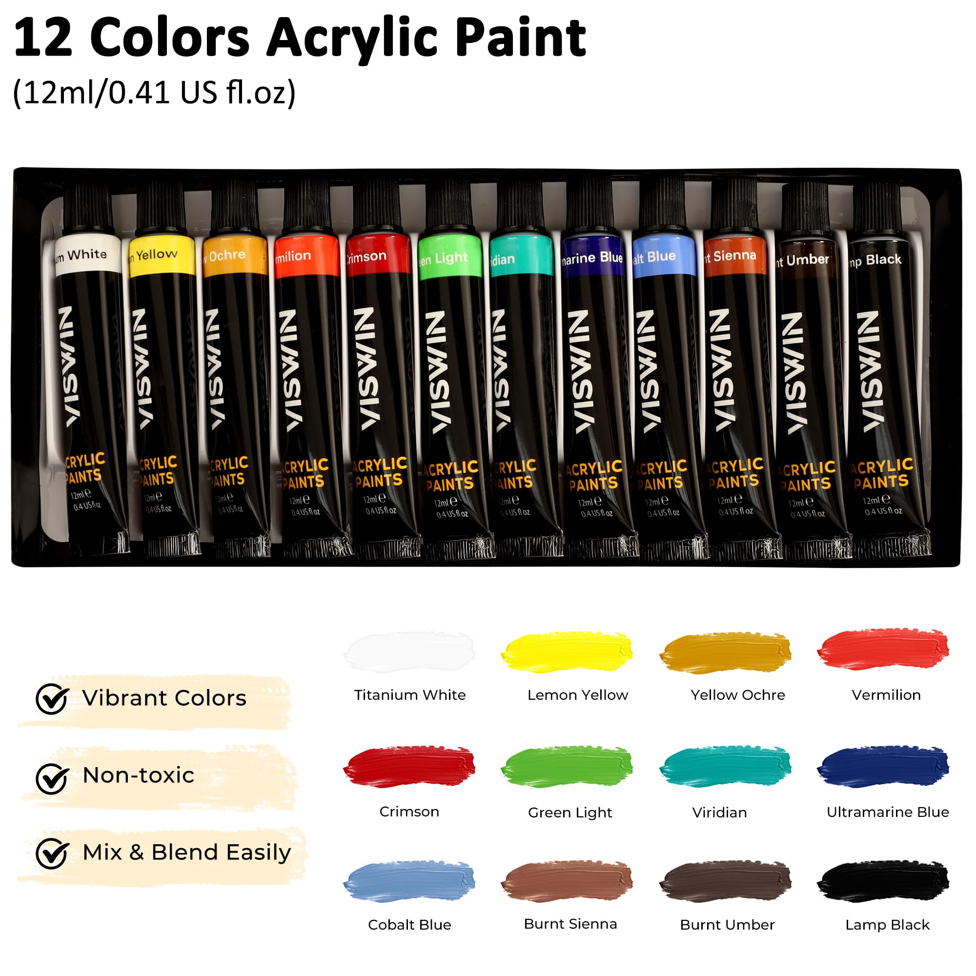 VISWIN Kit de Peinture Acrylique 51 Pièces avec Chevalet Table, Set Professionnel avec 12 Acryliques, Toiles, Pinceaux & Bloc, Matériel, Cadeau Idéal pour Adultes, Enfants, Artistes