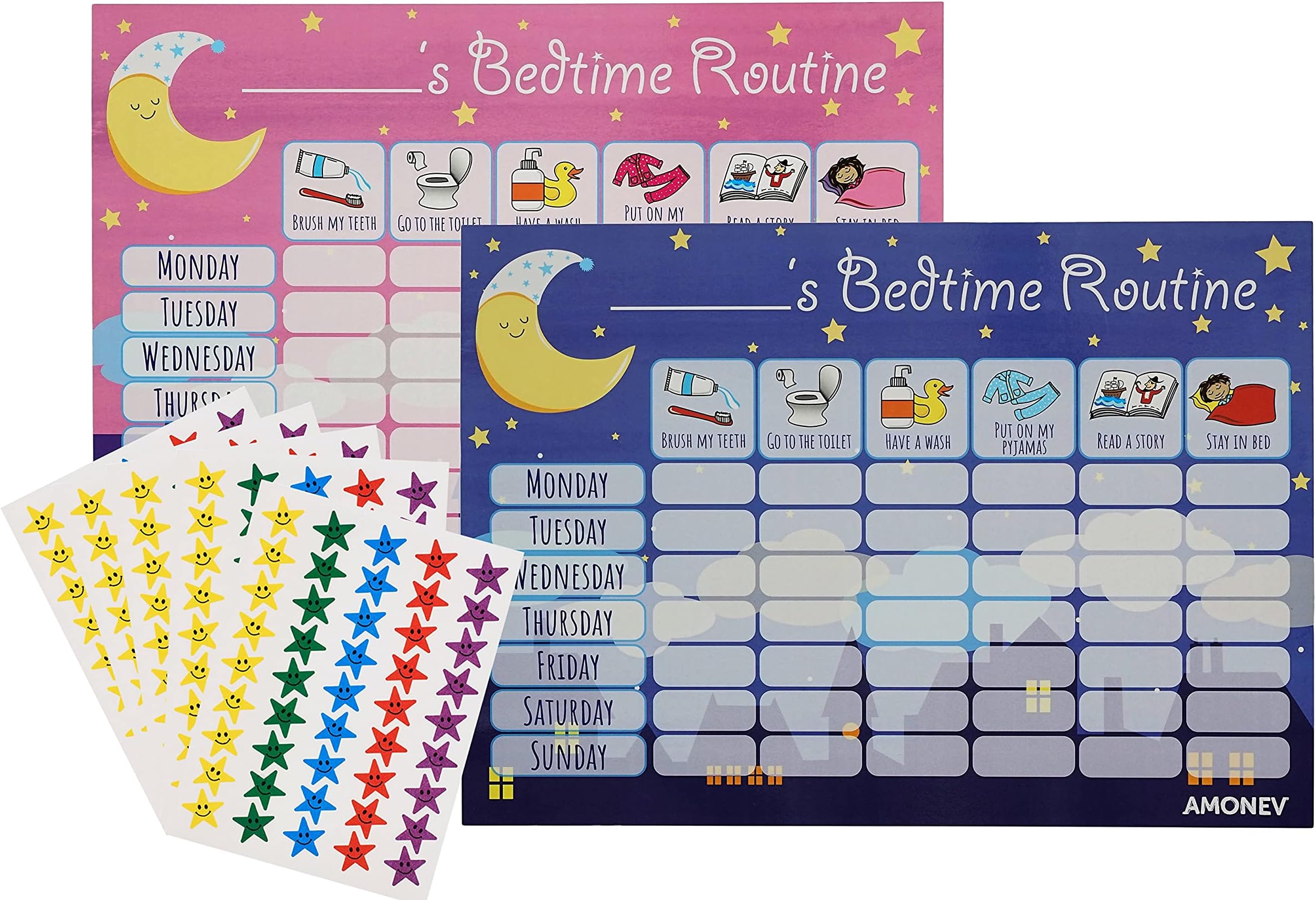 Amonev Bedtime Routine Chart Reward Chart for Sleep Training Twin Pack chart for Boys Girls toddlers and young children with 225 stars stickers included