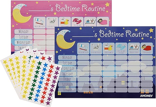Amonev Bedtime Routine Chart Reward Chart for Sleep Training Twin Pack chart for Boys Girls toddlers and young children with 225 stars stickers included