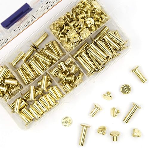 Miniatura 4 de Juego de 90 tornillos Chicago surtidos, 5 tamaños, remaches de cuero dorado de 0.197 in, remaches de tornillo planos, postes de encuadernación de