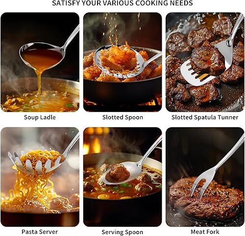Miniatura 6 de Juego de utensilios de cocina de acero inoxidable 304, 6 piezas de utensilios de cocina de metal largo con espátula, cuchara sólida, cucharón,